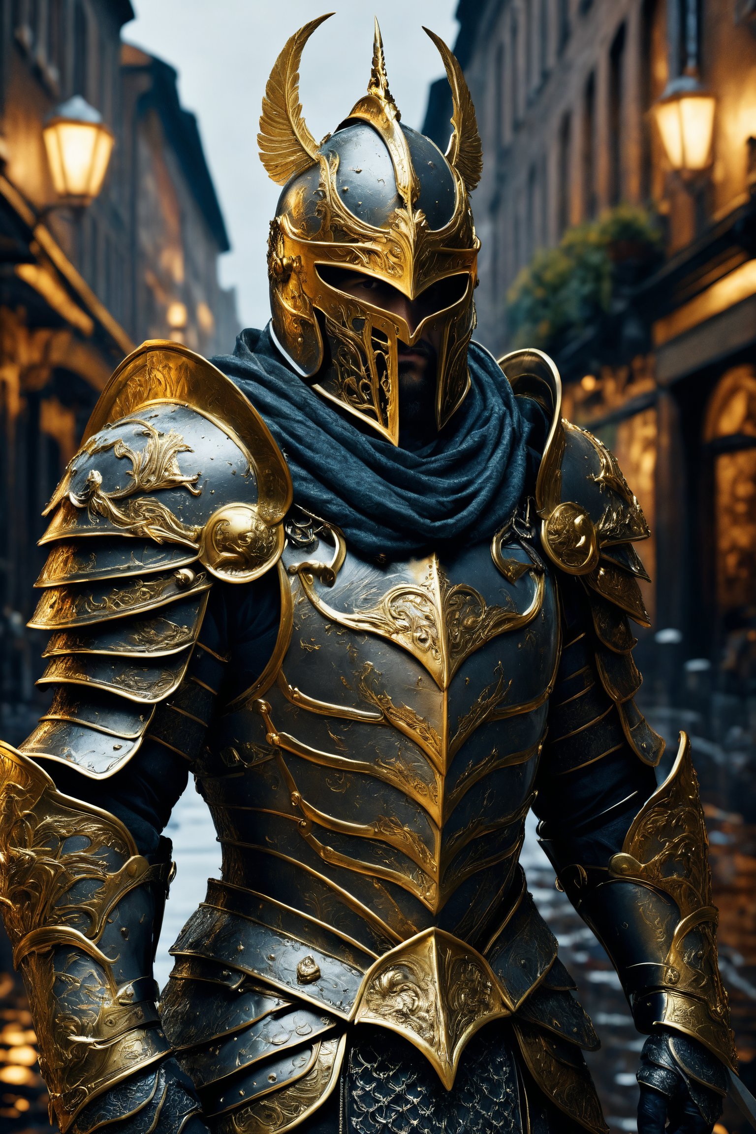 Create a realistic and detailed image of a warrior in magnificent, intricately detailed armor. The warrior has a determined look and stands in a medieval, rainy cityscape. His armor is elaborately adorned with golden elements, and he holds a sword with a glowing blade. The image is in dark, dramatic colors, with lighting that highlights the textures and details of the armor. Ultra-realistic, 8K, inspired by Todd McFarlane and Jay Anacleto.
,realistic