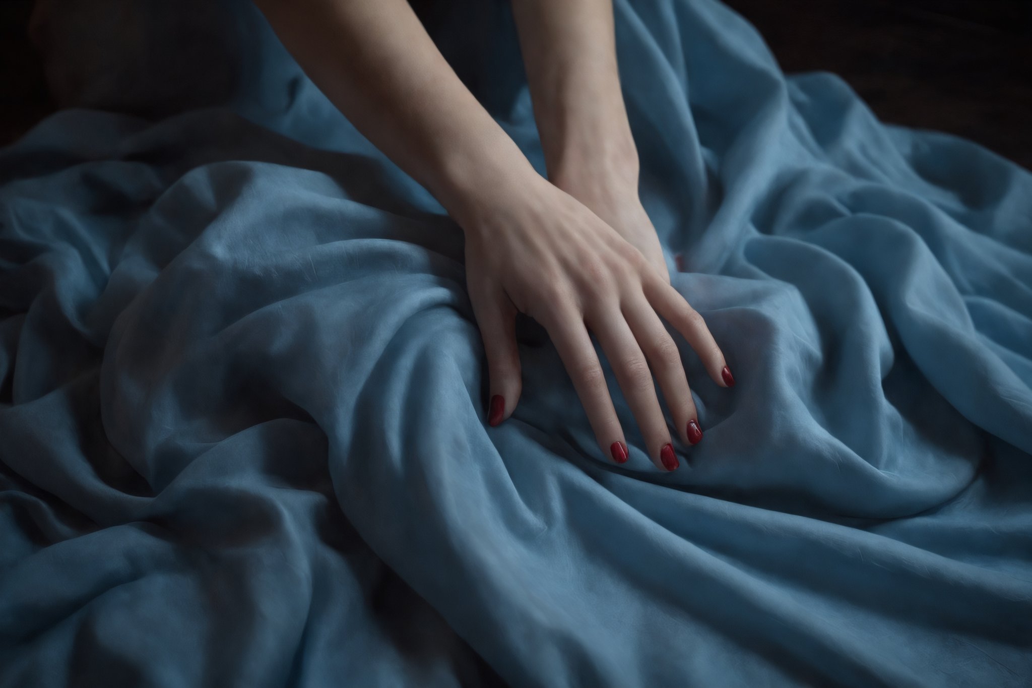 In the soft glow of subtle shades of blue and red, a young woman's delicate hand squeezes the sheets tightly and she feels an orgasm.,darkart