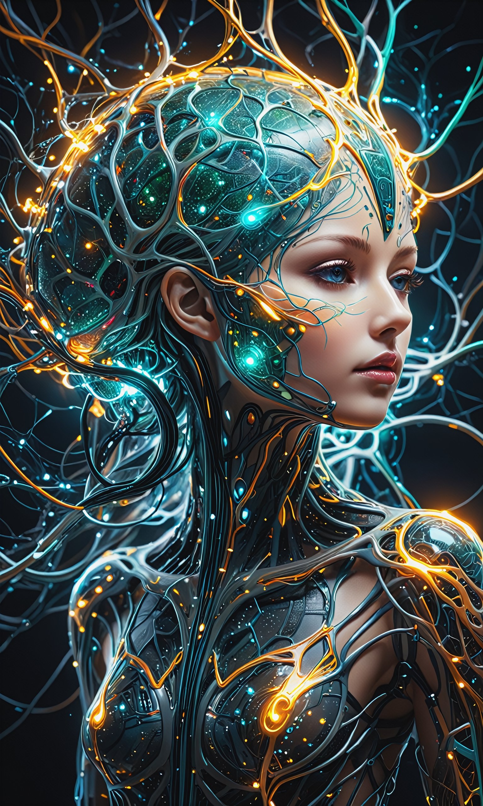 In a fantastically surreal world, a peculiar neural network takes form as an ethereal creature with interwoven circuitry for veins. Its body, resembling a curious blend of metal and organic matter, emanates an otherworldly luminescence. The image capturing this enigmatic being is an exquisitely detailed digital artwork, exhibiting vibrant hues and intricate textures. The artist's expert brushwork vividly portrays the neural network's intricate design, adding a sense of depth and realism. The luminous glow emitted by the network's circuits captivates the viewer, drawing them into this mesmerizing representation of technological marvels.
