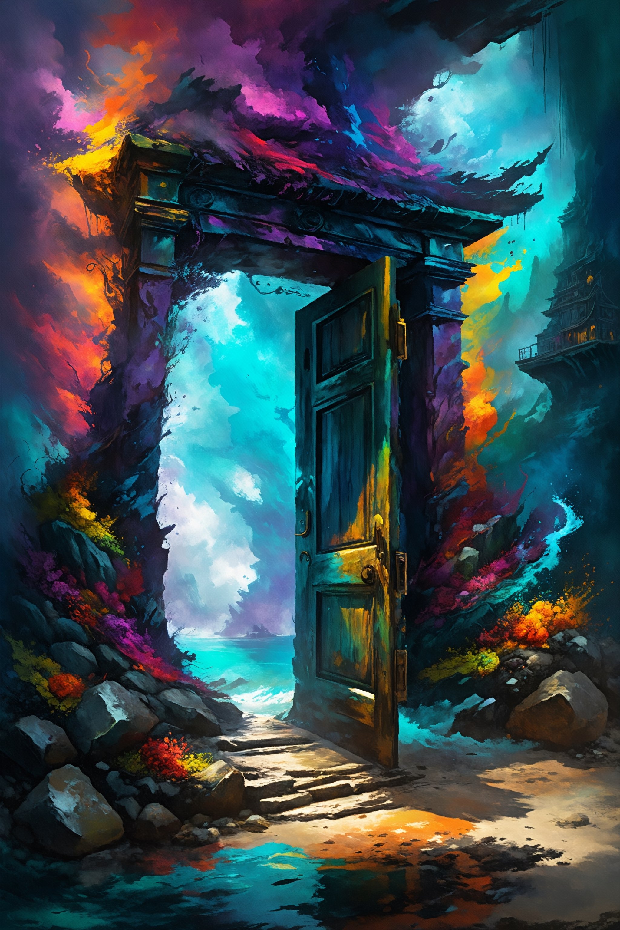 Shadows harbor doorways to otherworldly realms, ultra-fine digital painting, ,    Gorgeous splash of vibrant paint
,colorful