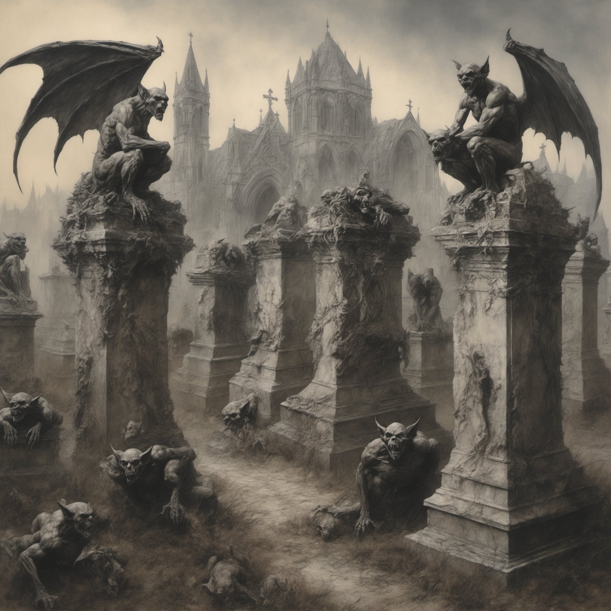 a cemetery of gargoyles, with their tombs, in the style of Luis Royo