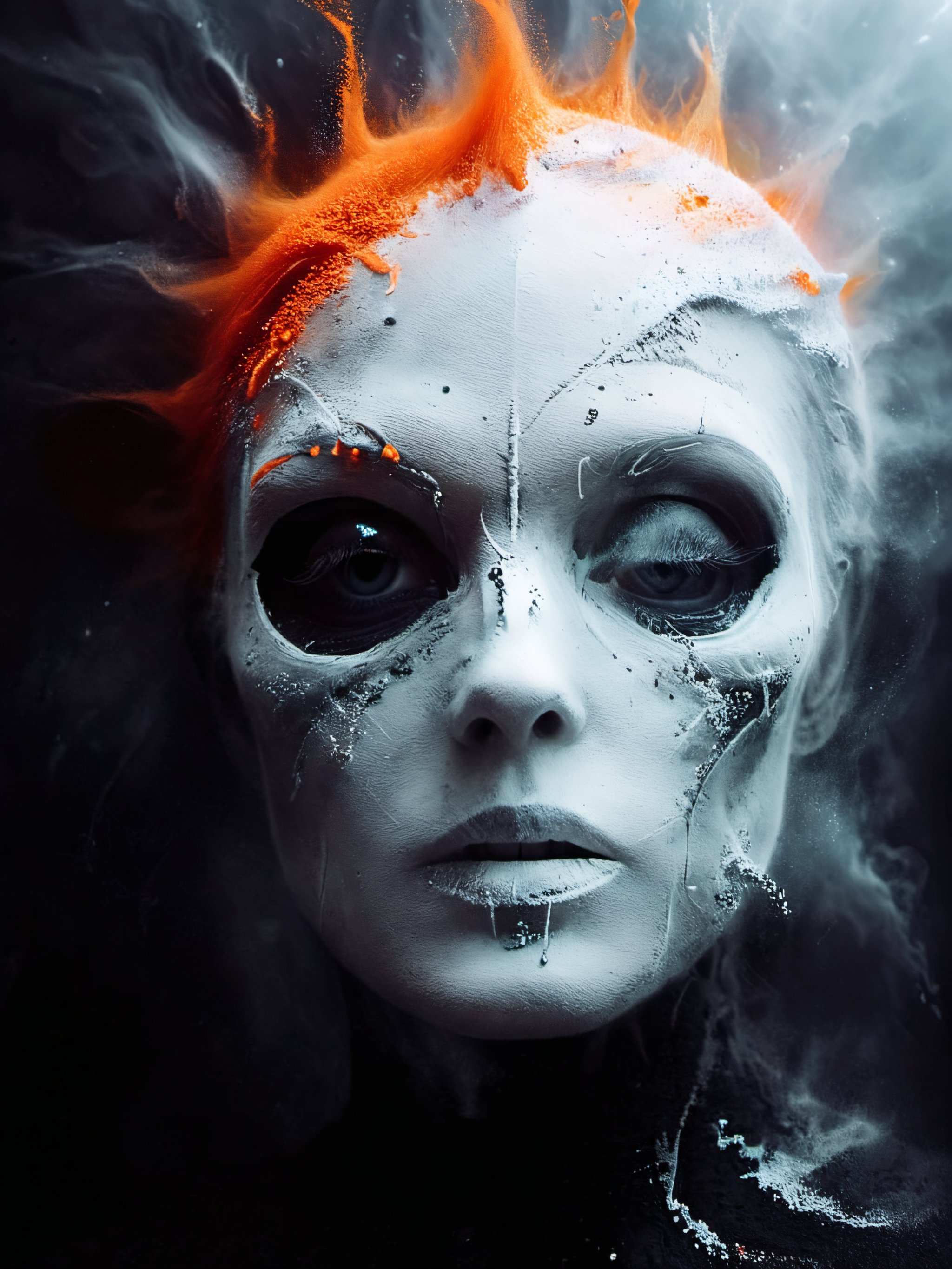 white-toned Surrealism photo of an abyssal futuristic summer face in a bright apocalyptic void, intricate black and orange and white recursion, eldritch, foggy, billowing bright glitter, very detailed, 
,vntblk,black,darkart,DissolveSdxl0