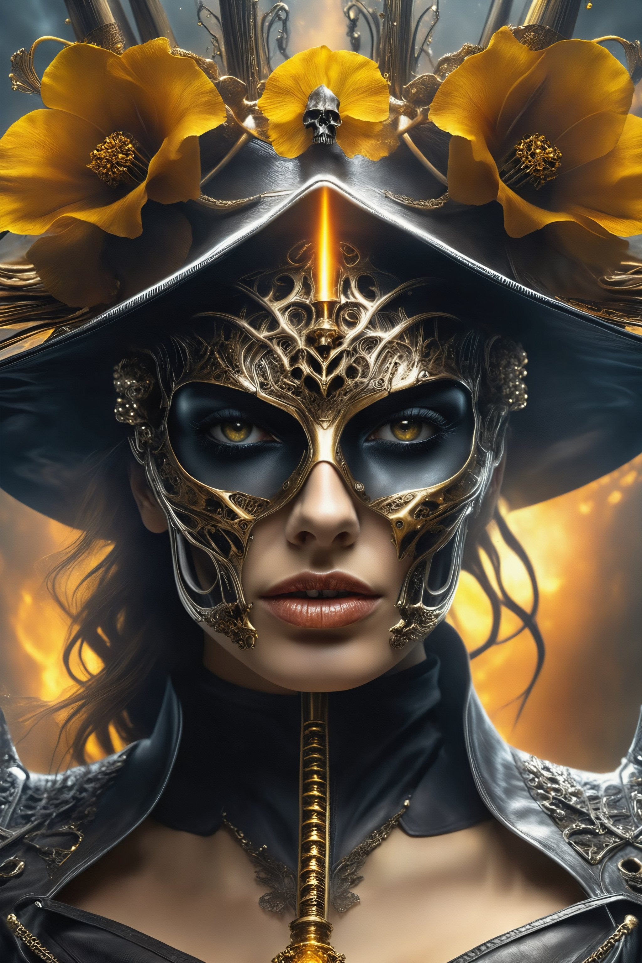 A stunning, 25-year-old girl with an amazingly beautiful face and a perfect hourglass body type, dressed in a cowboy outfit, brandishing a surreal black metal skull weapon, with tendrils of silver and gold metal swirling around it, set against a stormy, dramatic, and atmospheric background, reminiscent of the unique and dynamic art styles of H.R. Giger, Raymond Swanland, and Luis Royo. The photograph must be in photorealistic 1.2 style, with sharp focus, high detail, ultra-high resolution, HDR, and 8K, showcasing the vivid and unusual patterns on her outfit and the intricacies of the liquid metal art on the skull weapon. The girl's rich hair and perfect proportions, including her huge breasts, thin waist, navel, and crotch gap, must be highlighted with a focus on her beautiful, detailed, and perfect face. The overall composition should embody the intense, dramatic, and unreal engine quality of this masterpiece, The enchantress emerged, her face concealed by a haunting skull mask soaked in blood, hinting at the power she wields. As she navigates shadows, she unleashes formidable abilities, delving into dark magic and facing consequences. Surreal beauty is captured in a shot of oil paint submerged underwater, revealing red, yellow, and blue tones dispersing against a dark background, creating ephemeral art