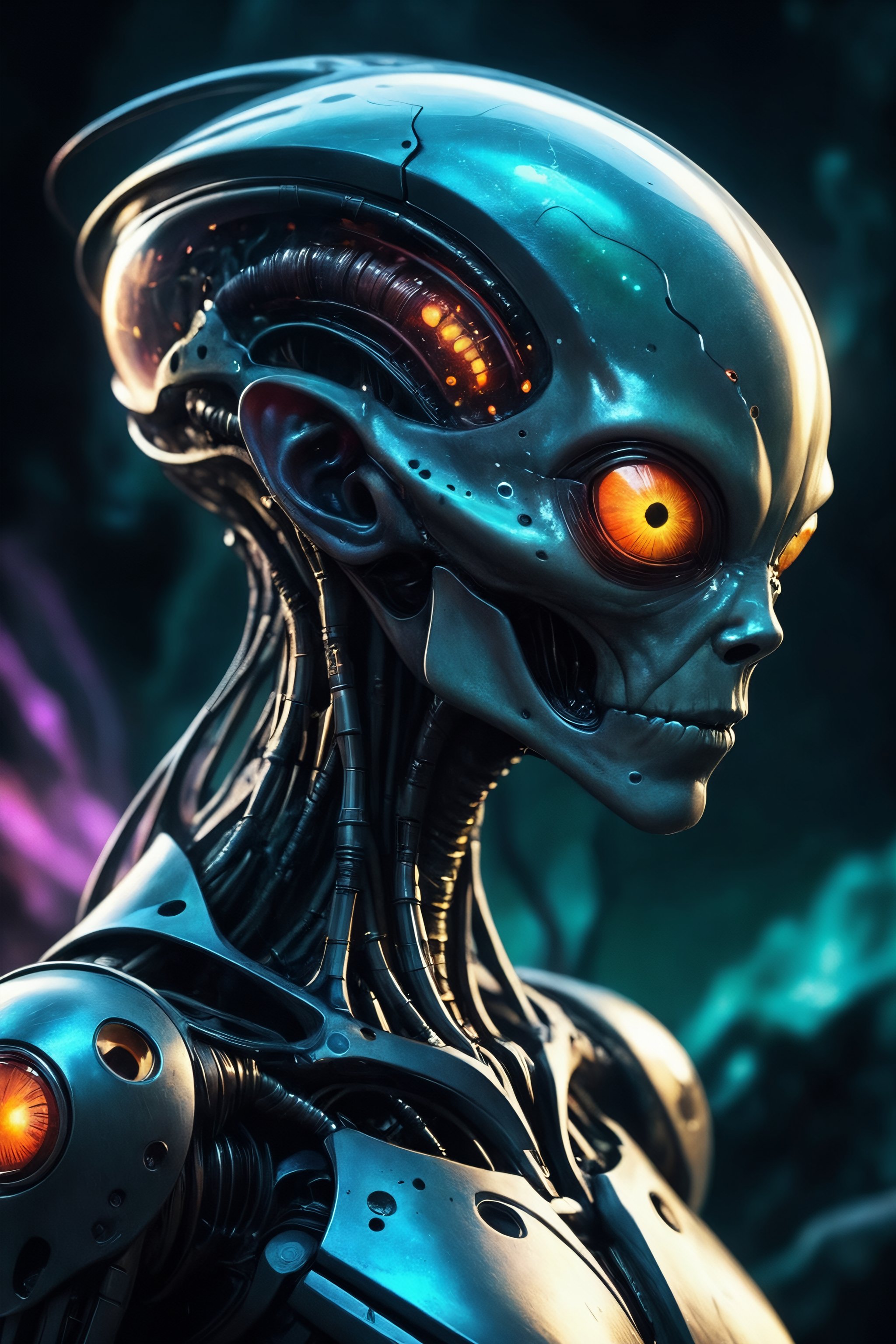 (focus on a hauntingly beautiful bioengineered creature:1.2), organic cyborg, alien landscape, translucence, sheen, colorful dark unfocused background, (ultra resolution:1.7), detailed masterpiece,  sachr, ziprealism
