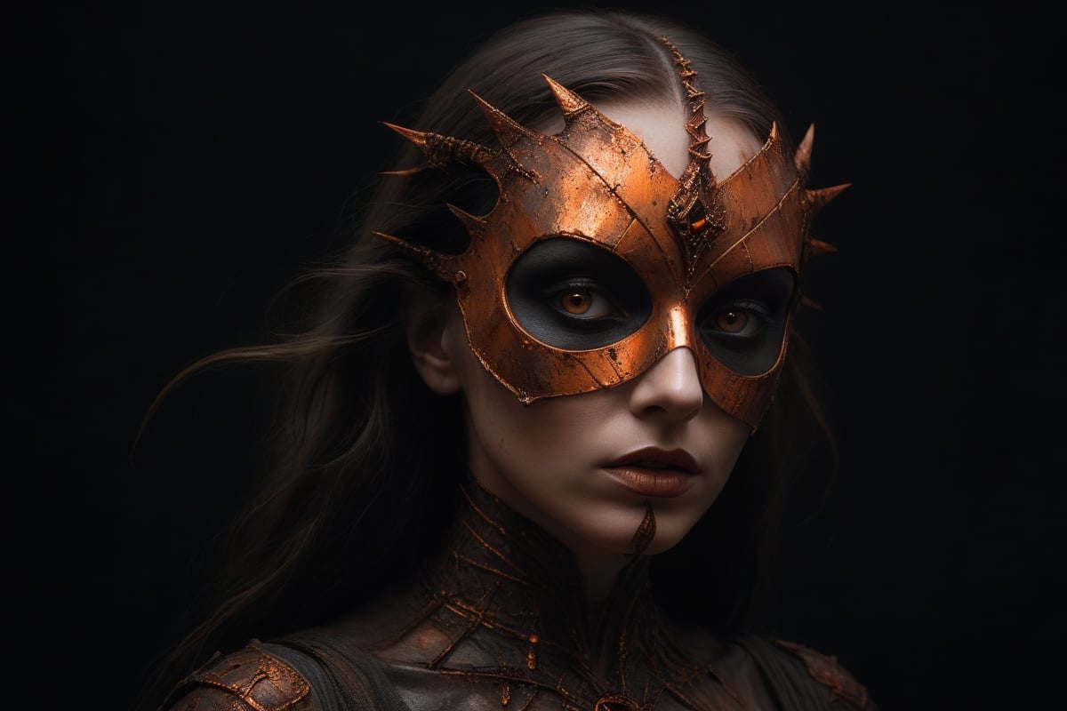 Luis Royo style, acrylic paint and spray paint, 8K, rule of thirds, intricate, dark lighting, Flickr, well focused, atmospheric, dramatic, highly detailed. A young woman with grey eyes, identified as 'The Messenger.' She is wearing an orange silk cloth that covers her body and a striking copper mask. The mask is the focal point, featuring a chaotic design with numerous pointed spikes and sharp edges, creating a sense of madness. It is asymmetrical, covering the entire face but with gaps that reveal parts of her features. Her lips are painted copper. In one hand, she holds a copper rod about 15 centimetres long, and in the other hand, she carries a 19th-century copper miner's lamp. The flame from the lamp illuminates her face and highlights the intricate details of the mask. The background is dark or black, with the woman positioned on one side of the composition, leaving negative space on the left. The image emphasizes mystery and beauty, showcasing the chaotic elegance of the mask,colorful