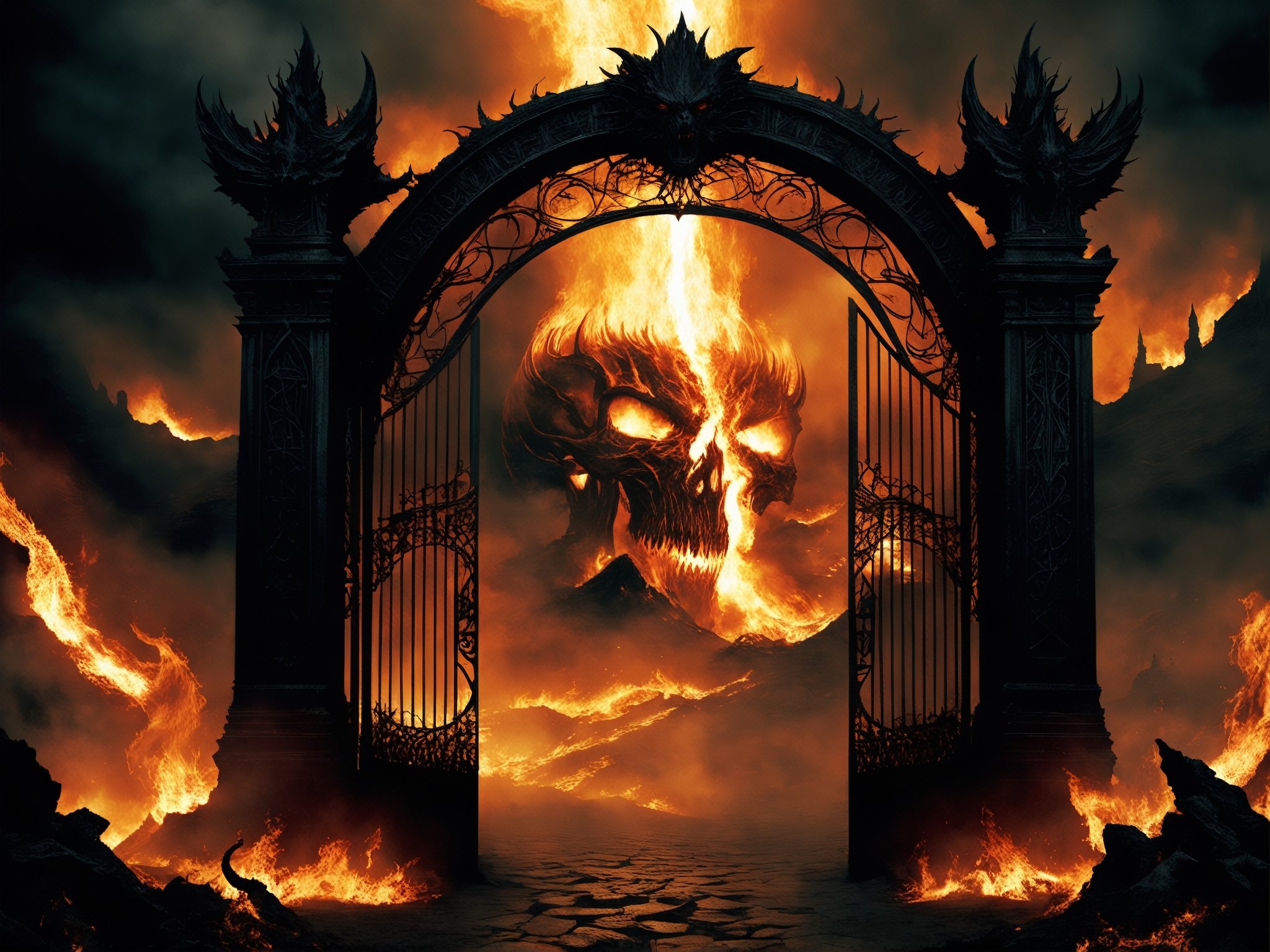The Gates of Hell,  guarded by the oldest and most fearsome shadows,  stand majestic in the heart of a realm of fire and b...