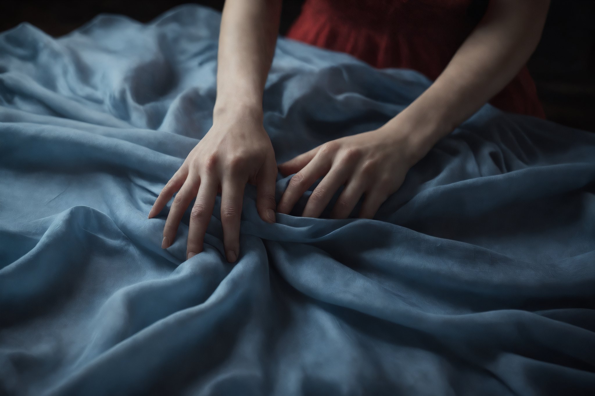 In the soft glow of subtle shades of blue and red, a young woman's delicate hand squeezes the sheets tightly and she feels an orgasm.,darkart