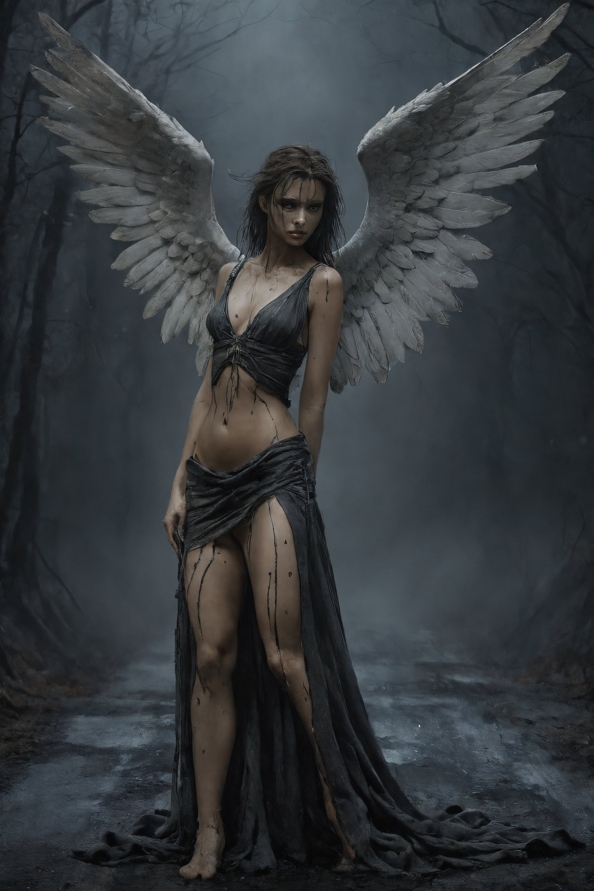 Create an image in the style of Luis Royo, utilizing acrylic paint and spray paint techniques, in stunning 8K resolution. Adhere to the rule of thirds composition for added visual interest. Depict an intricate scene with dark lighting that evokes a somber and atmospheric mood. Ensure the image is well-focused and highly detailed, capturing the dramatic essence of the scene. The focal point of the composition should be a deceased angel lying on the side of a desolate road, surrounded by an aura of mystery and melancholy