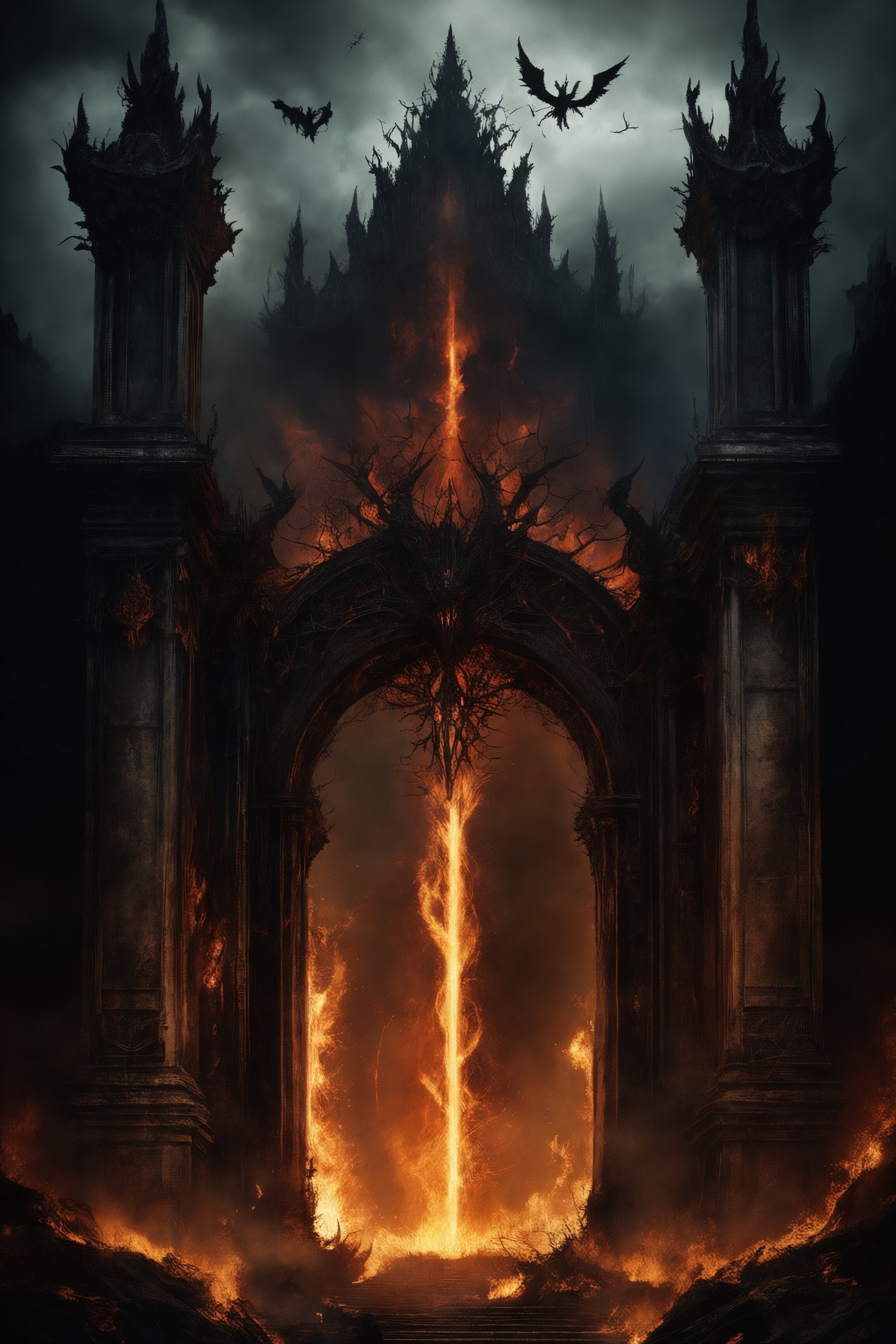 
The Gates of Hell, guarded by the oldest and most fearsome shadows, stand majestic in the heart of a realm of fire and brimstone. With a height that defies the heavens and a width that swallows light, these gates are the embodiment of terror and damnation.

Forged in the darkest metal and coated with arcane runes that whisper forgotten terrors, the Gates of Hell exude an aura of malevolence that would chill the bravest soul. Their surface is marked by eternal flames that dance wildly, reflecting the inner torments of those who lie beyond their threshold.

The air surrounding these gates is laden with suffocating heat and the acrid smell of eternal suffering. The moans and lamentations of trapped souls slip through the cracks of the gates, constantly reminding the living of the vastness of the torment that awaits should they dare to cross.

Only the most reckless or desperate dare to approach, and even then, few have the strength or sanity to face what lies on the other side. The Gates of Hell stand as a somber monument, an unrelenting reminder of the eternal struggle between good and evil, and the fragility of the human soul in the face of the underworld's temptations, ultra-fine digital painting, ,    Gorgeous splash of vibrant paint
,colorful,more detail XL,darkart