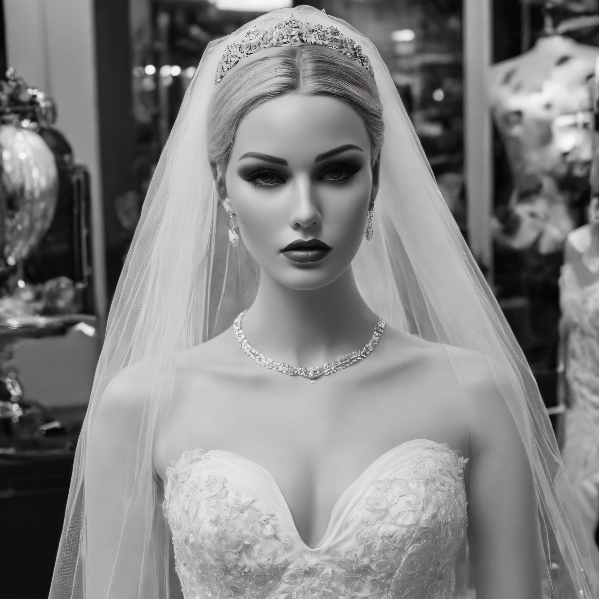 Create a monochrome portrait of beautiful blonde shop window (((mannequin))) dressed as a bride,  ((rectangular face)), hair covering eye, dark make up, dark shadowing,nostalgic picture,Realism, film photography,DonM4lbum1n,Clear Glass Skin,photo r3al,roborobocap