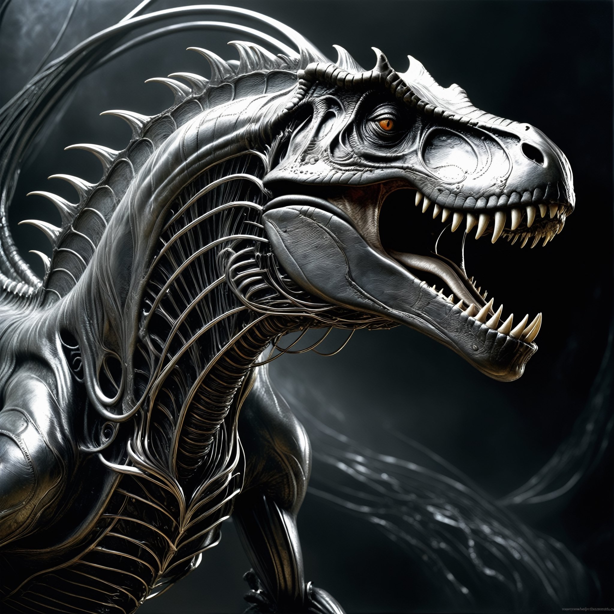 surreal dinosaurio t rex, tendrils of metal pulling away, swirling, liquid metal art  by hr giger, art made out of metal, (liquid metal elemental 2.0)/personified liquid metal/liquid mercury/etched flowing liquid metal/waves and designs/stormy dark background with lighting/intense/dramatic/atmospheric/unreal engine/Raymond Swanland/Luis Royo/Nekro/