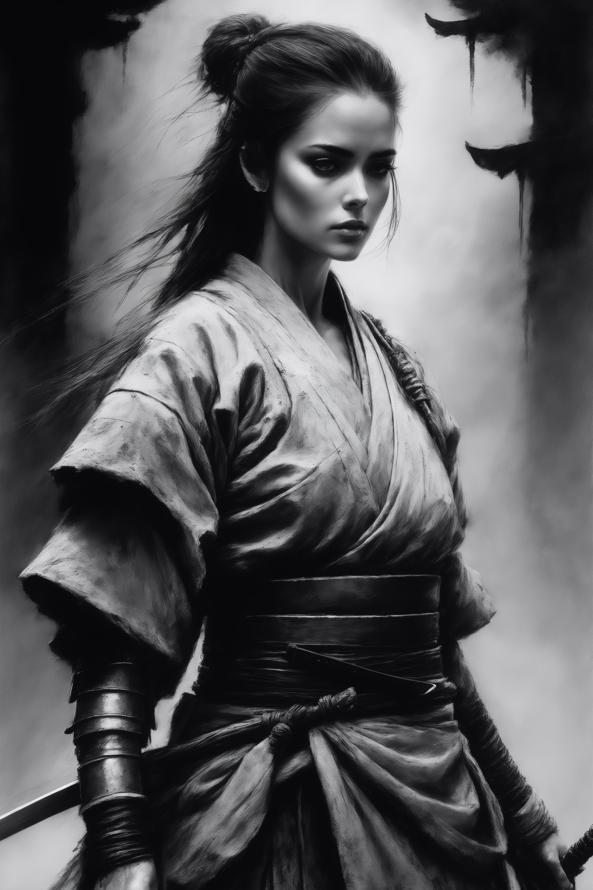 Samurai girl,  black and white realism style,  atmospheric impressionism by La Leche on Tensor.Art