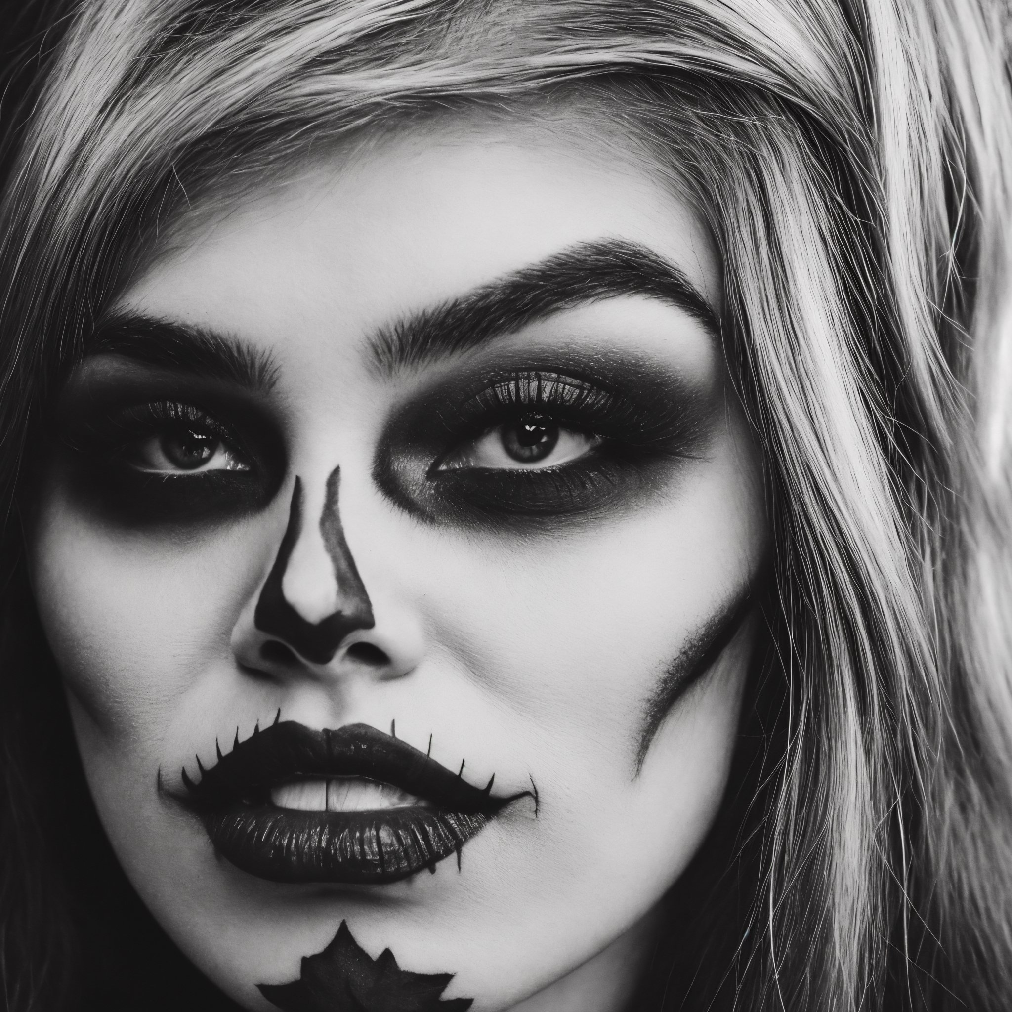 Create a monochrome portrait of beautiful blonde girl,  ((rectangular face)), close up , detail plan, detail plan of eyes, hair covering eye, dark make up, dark shadowing,nostalgic picture,Realism,pinhole photography,DonM4lbum1n,HalloweenGlowStyle,n3n3k,Catrina