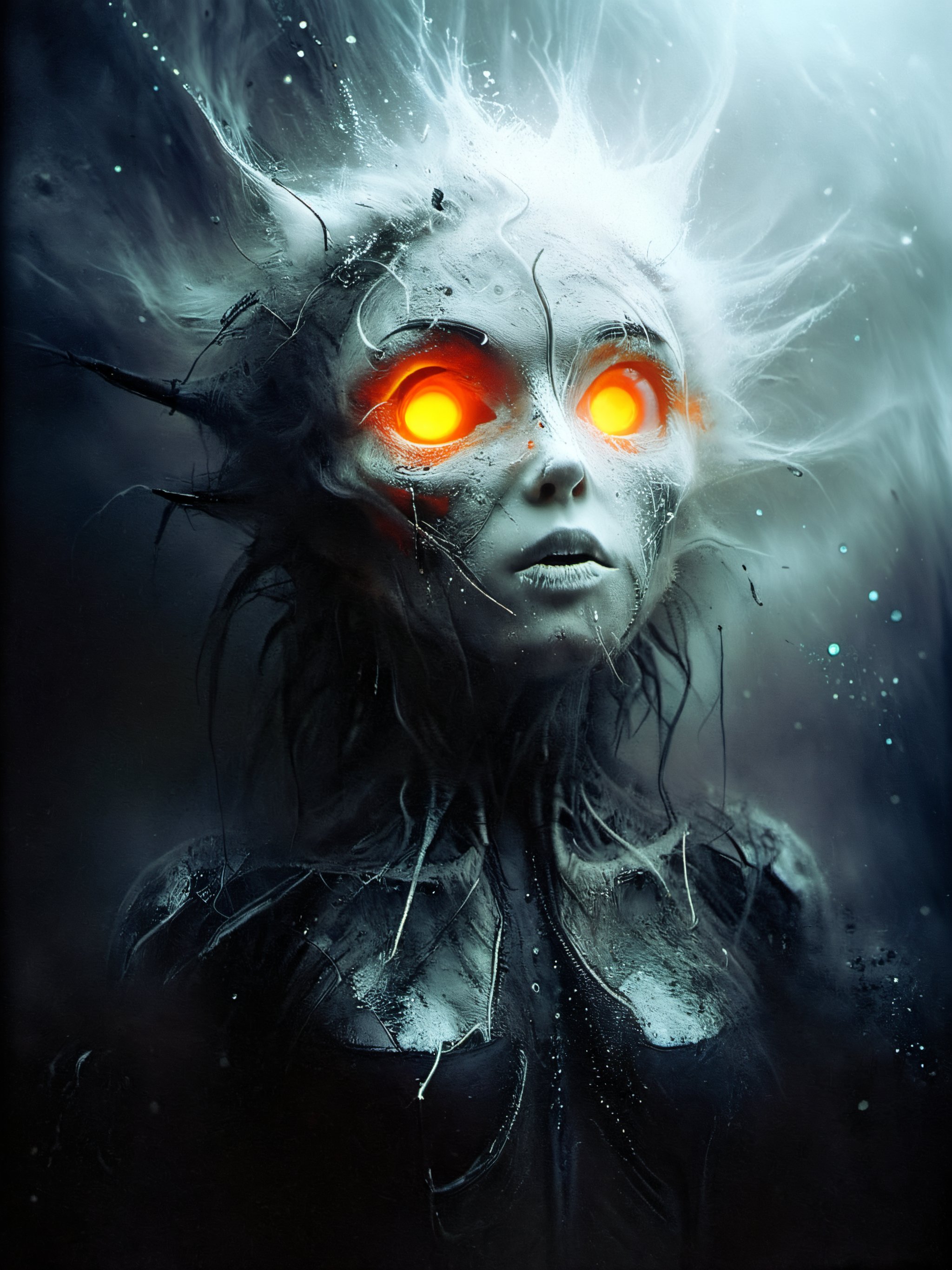 white-toned Surrealism photo of an abyssal futuristic summer face in a bright apocalyptic void, intricate black and orange and white recursion, eldritch, foggy, billowing bright glitter, very detailed, 
,vntblk,black,darkart,DissolveSdxl0,Luis Royo