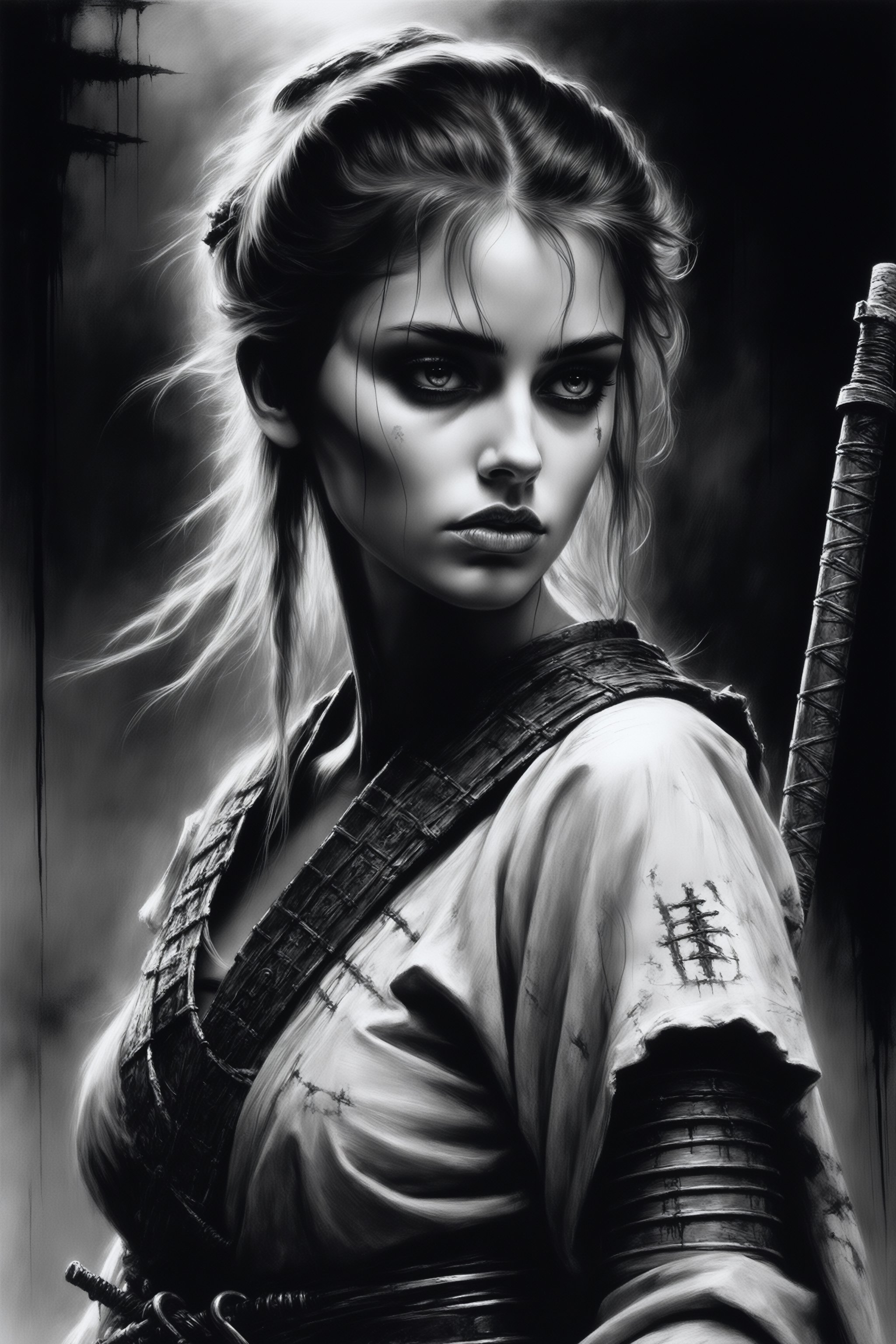 Samurai girl,  black and white realism style,  atmospheric impressionism by La Leche on Tensor.Art