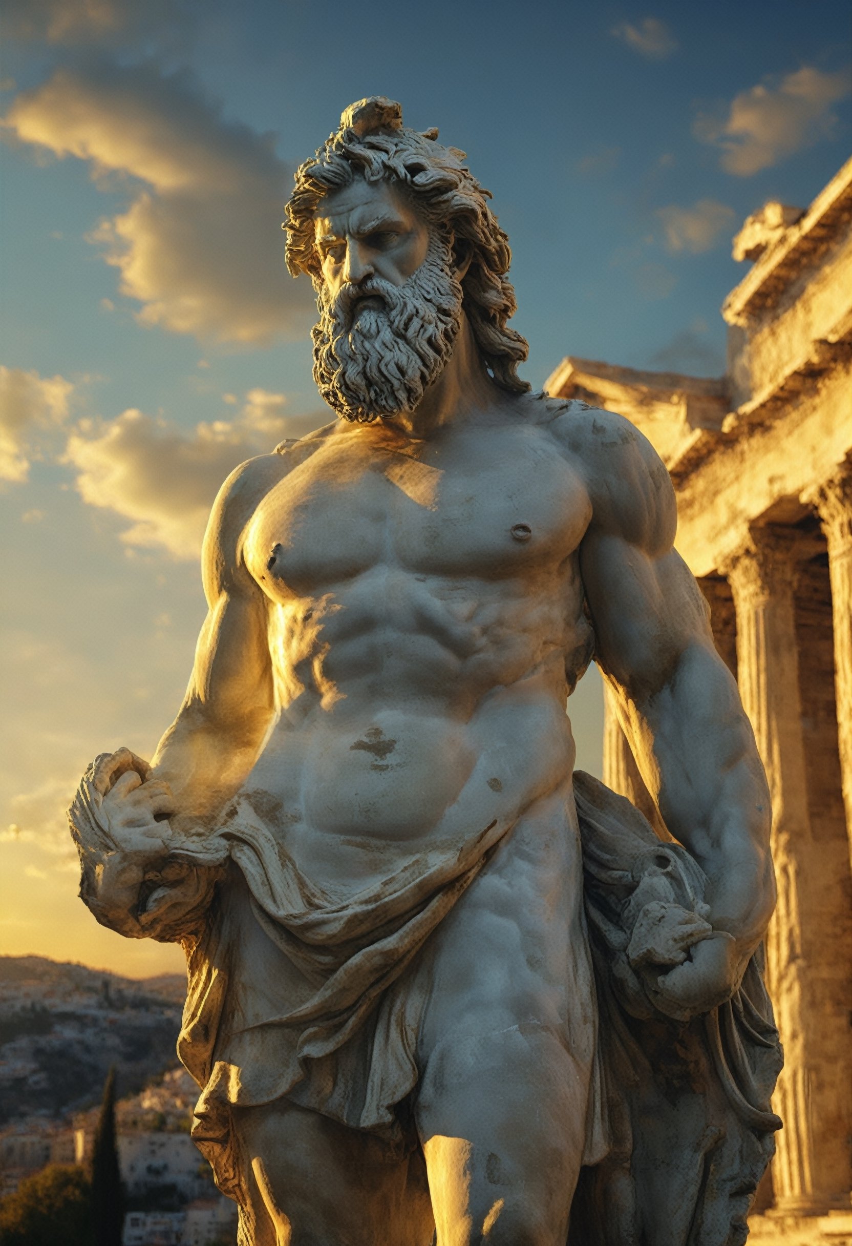 Zeus in Greece at sundown, golden hour lighting, dramatic shadows, classical beauty, high detail, realistic, traditional art style, 4k resolution
