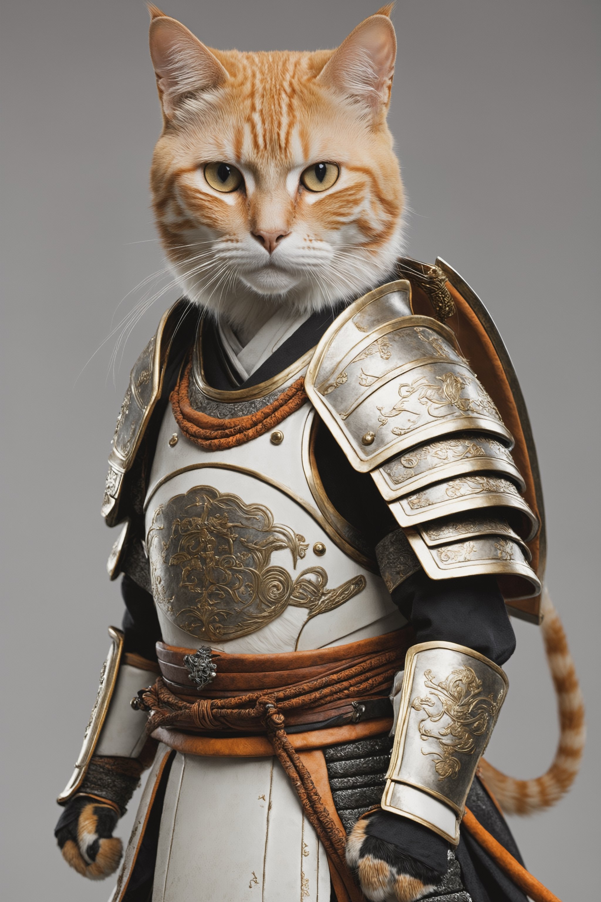 high quality anthropomorphic samurai cat, common european breed orange, realistic, extra detailed, detailed, with white armour, 
((((night time, seen from afar)))))