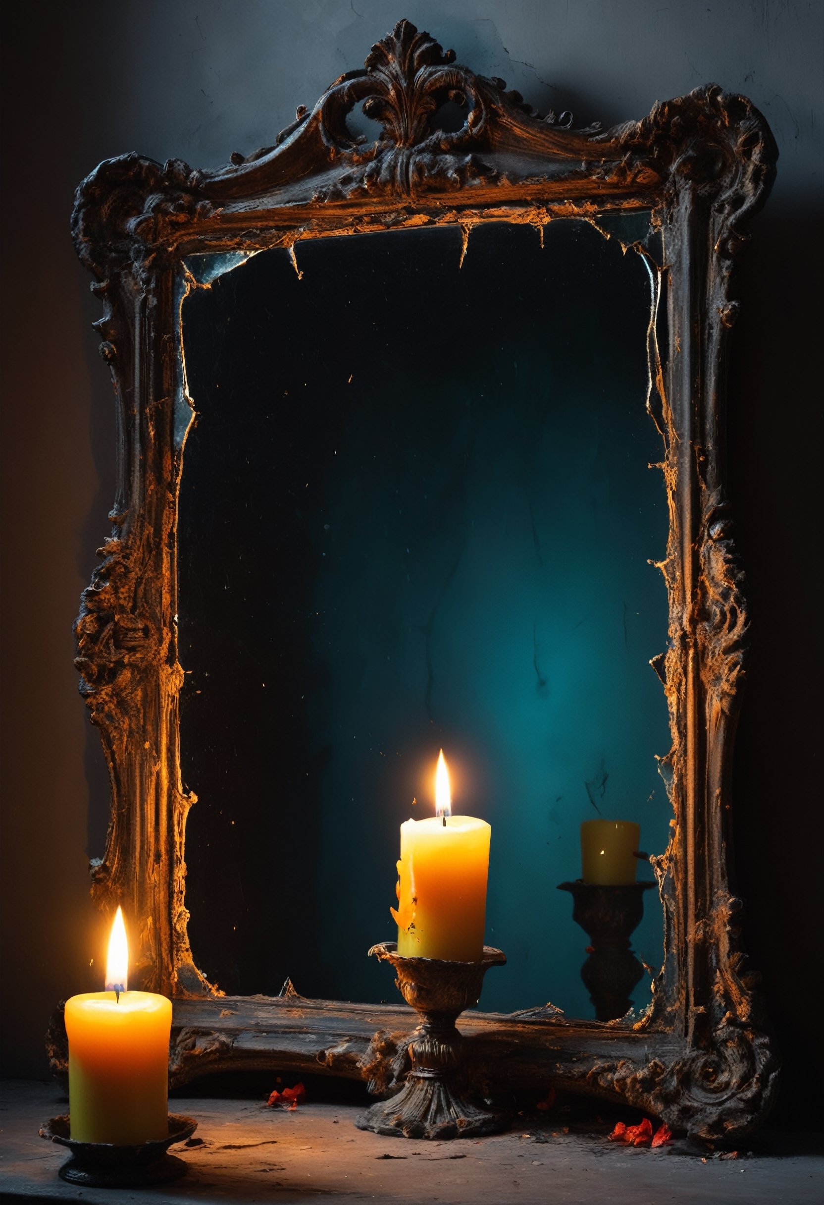 Eerie reflection in cracked, fogged mirror, candle light, ,  Gorgeous splash of vibrant paint
