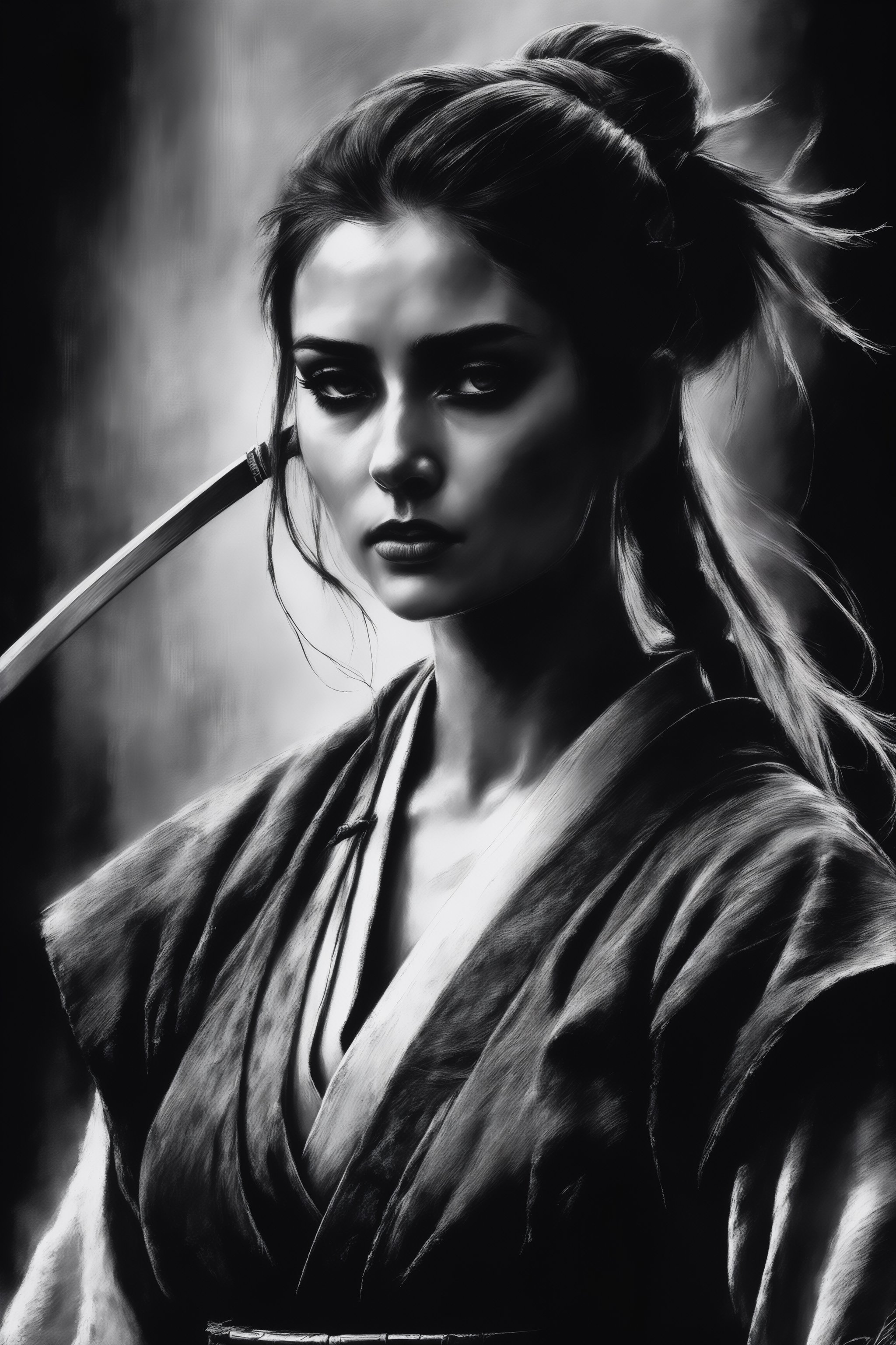 Samurai girl,  black and white realism style,  atmospheric impressionism by La Leche on Tensor.Art