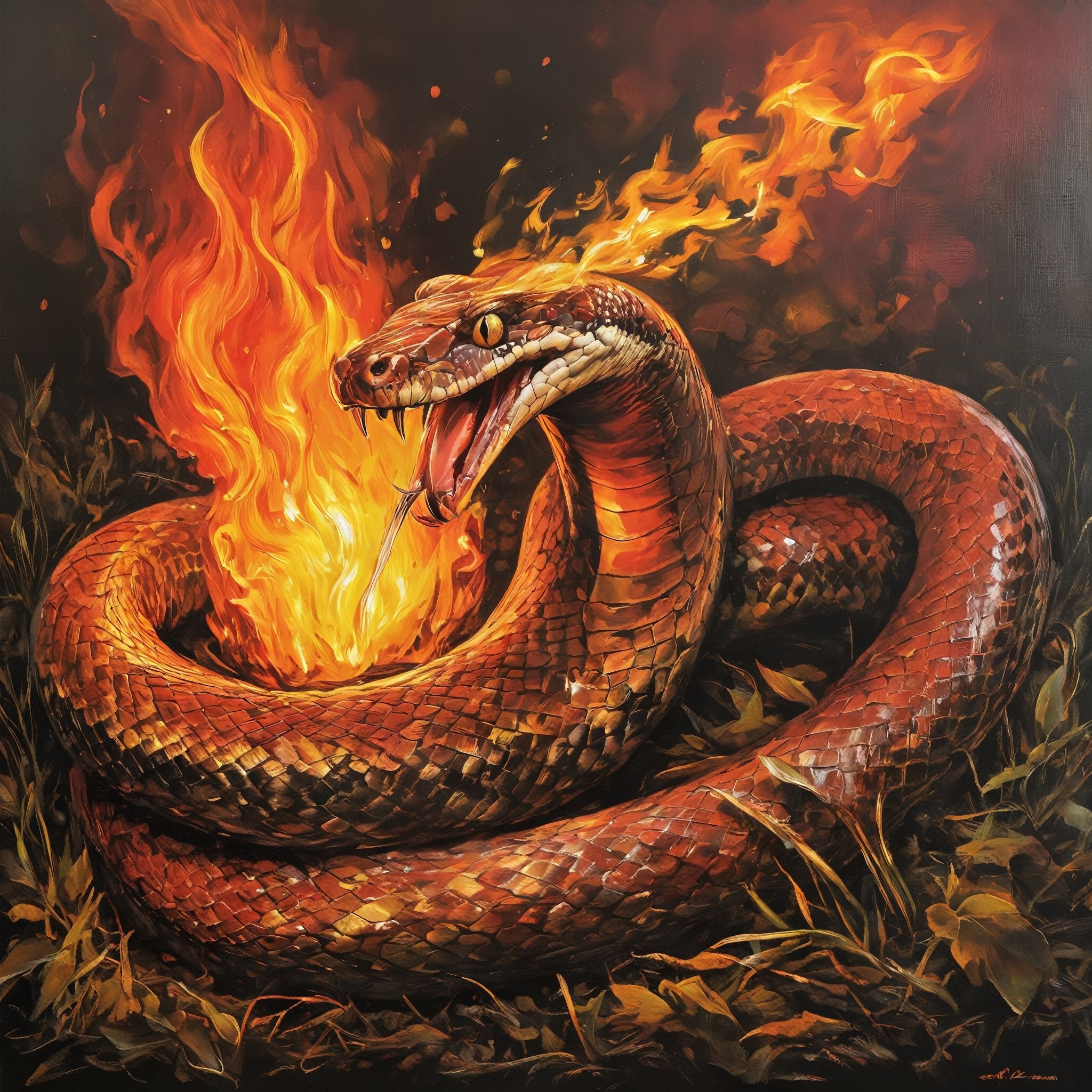 made with acrylic and spray paint, a snake spits fire from its mouth.