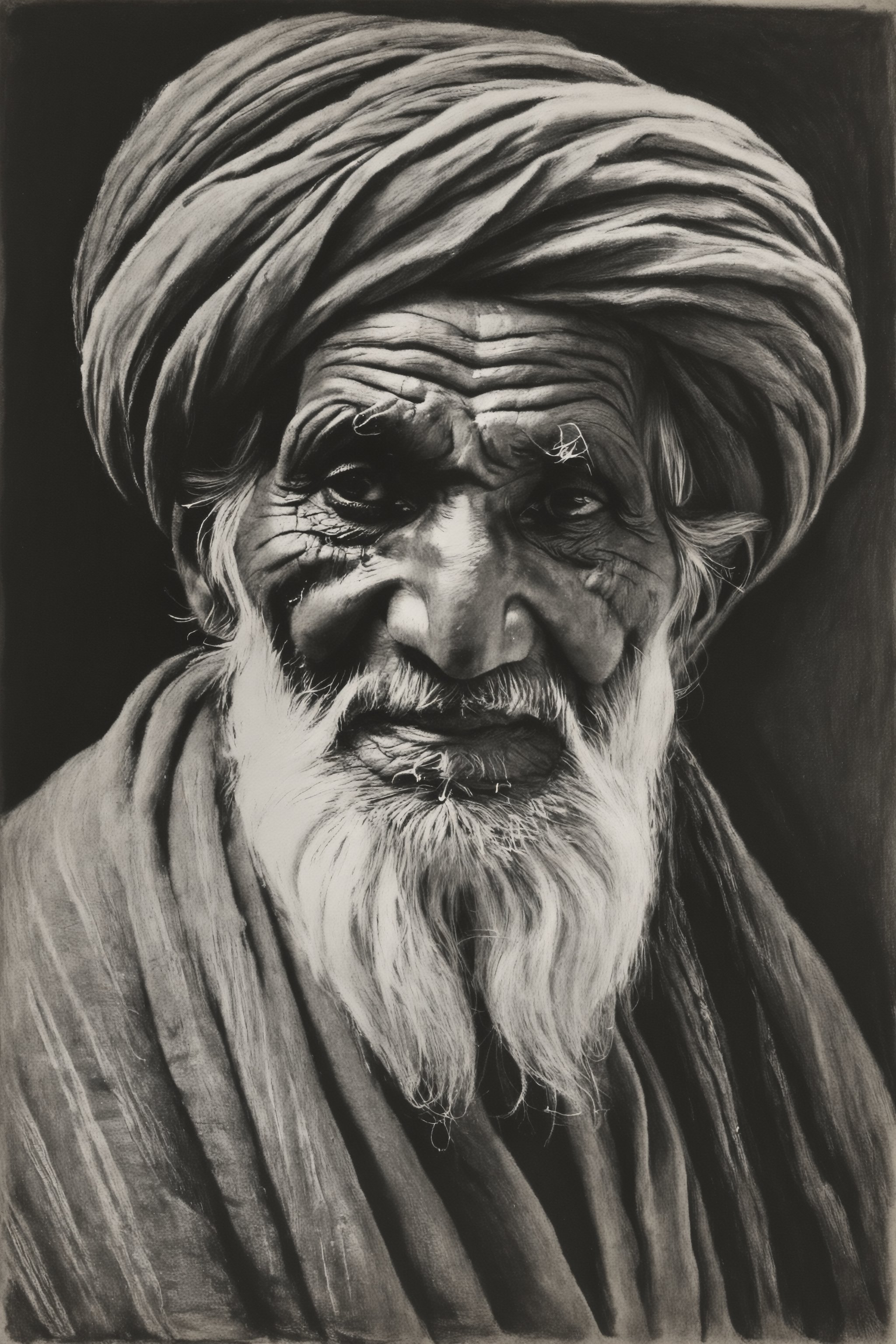 charcoal drawing of a very old afghan man, aged approximately 80, wearing an afghan turban, deeply lined face, angled view, weathered appearance, tired, wise. dramatic shadows, masterpiece, monochrome, black and white, dark background
