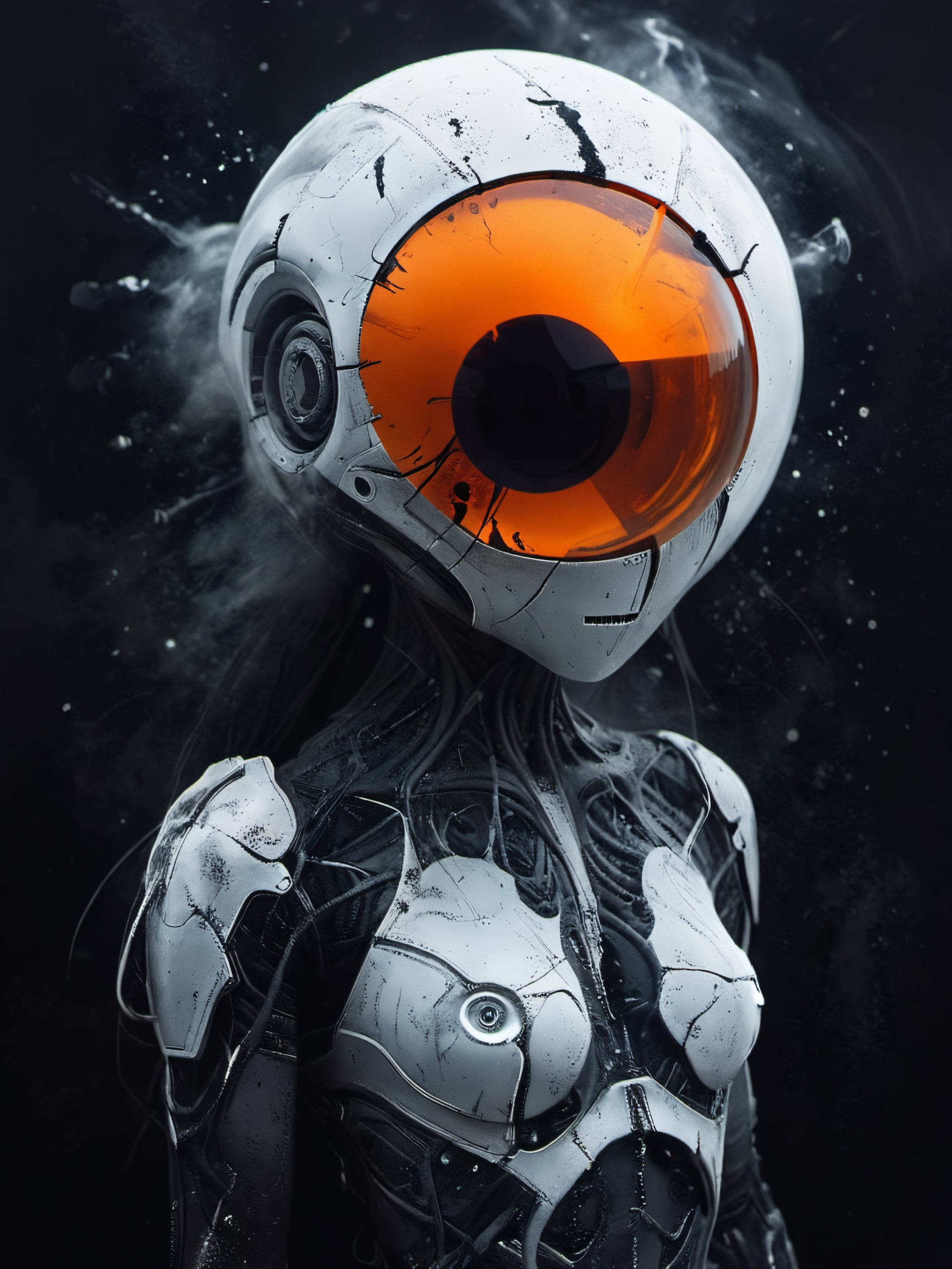 white-toned Surrealism photo of an abyssal futuristic summer face in a bright apocalyptic void, intricate black and orange and white recursion, eldritch, foggy, billowing bright glitter, very detailed, 
,vntblk,black,darkart