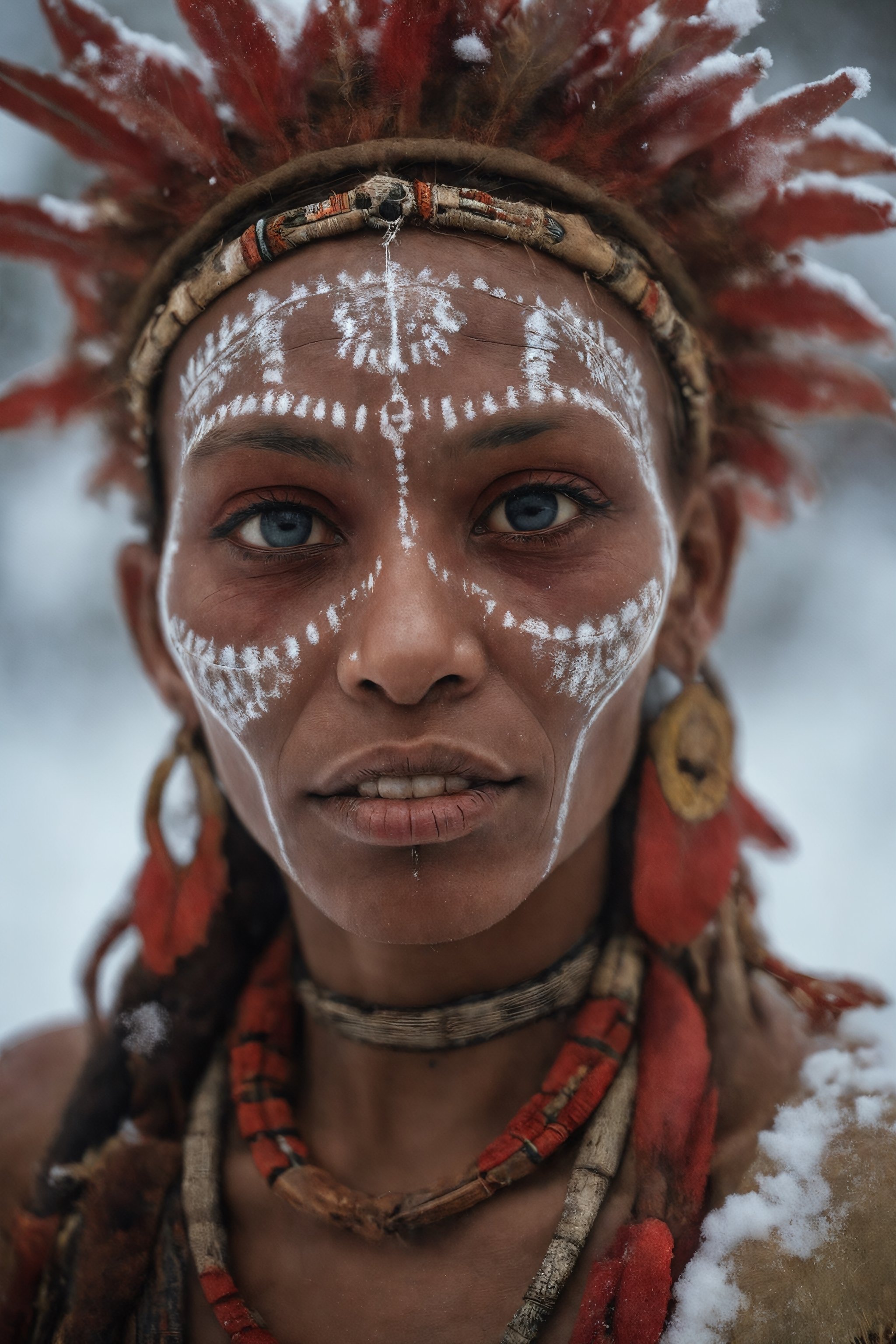 A medium 40mm glamour portrait of a tribal woman, (detailed facial features:0.2), high quality, professional photo, 28mm, (intricate detail), ((incredibly detailed skin:0.38)), Surreal Harmony, cinematic, lighting, 8K, HDR10, analog, red head, freackles, snow white skin