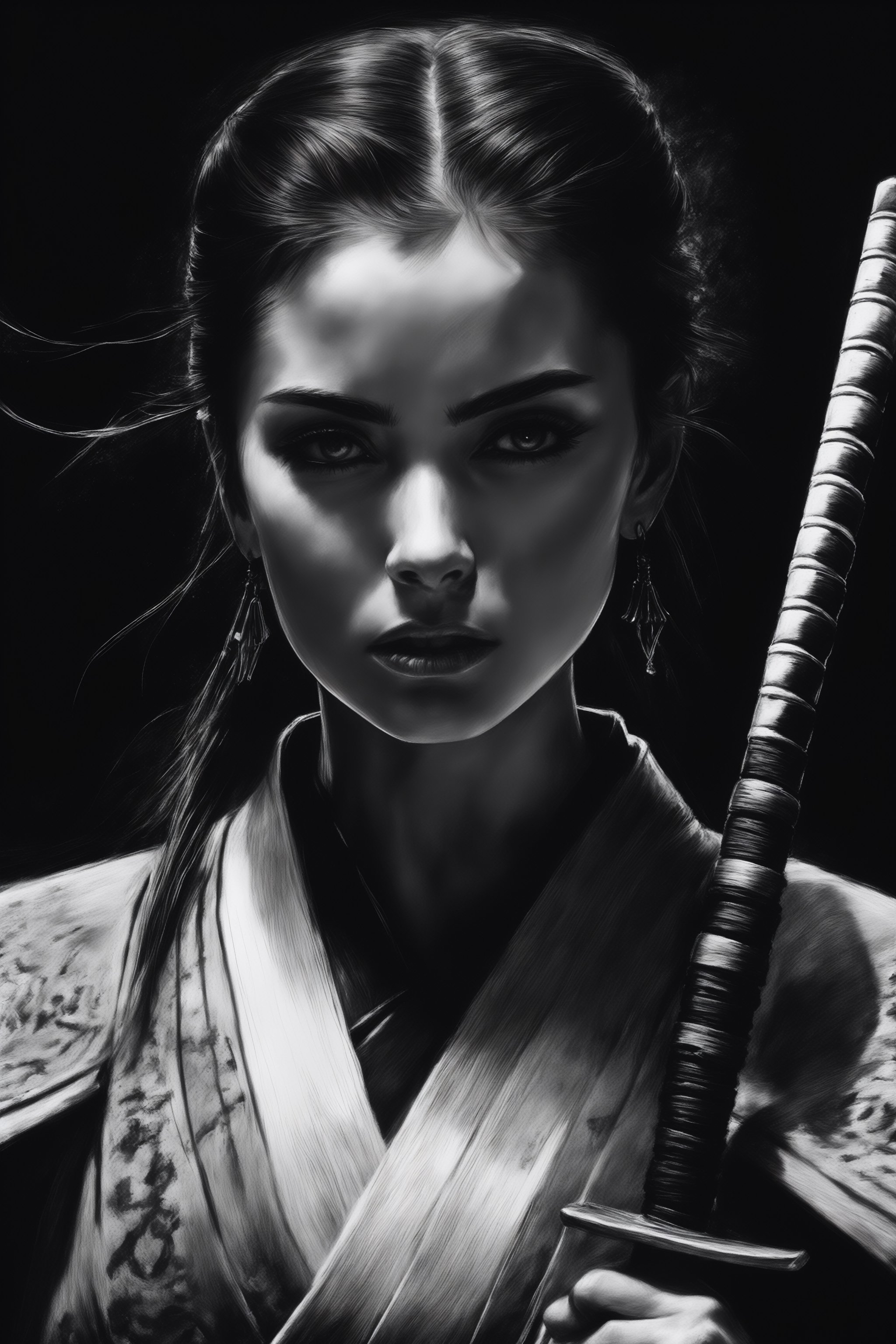 Samurai girl,  black and white realism style,  atmospheric impressionism by La Leche on Tensor.Art