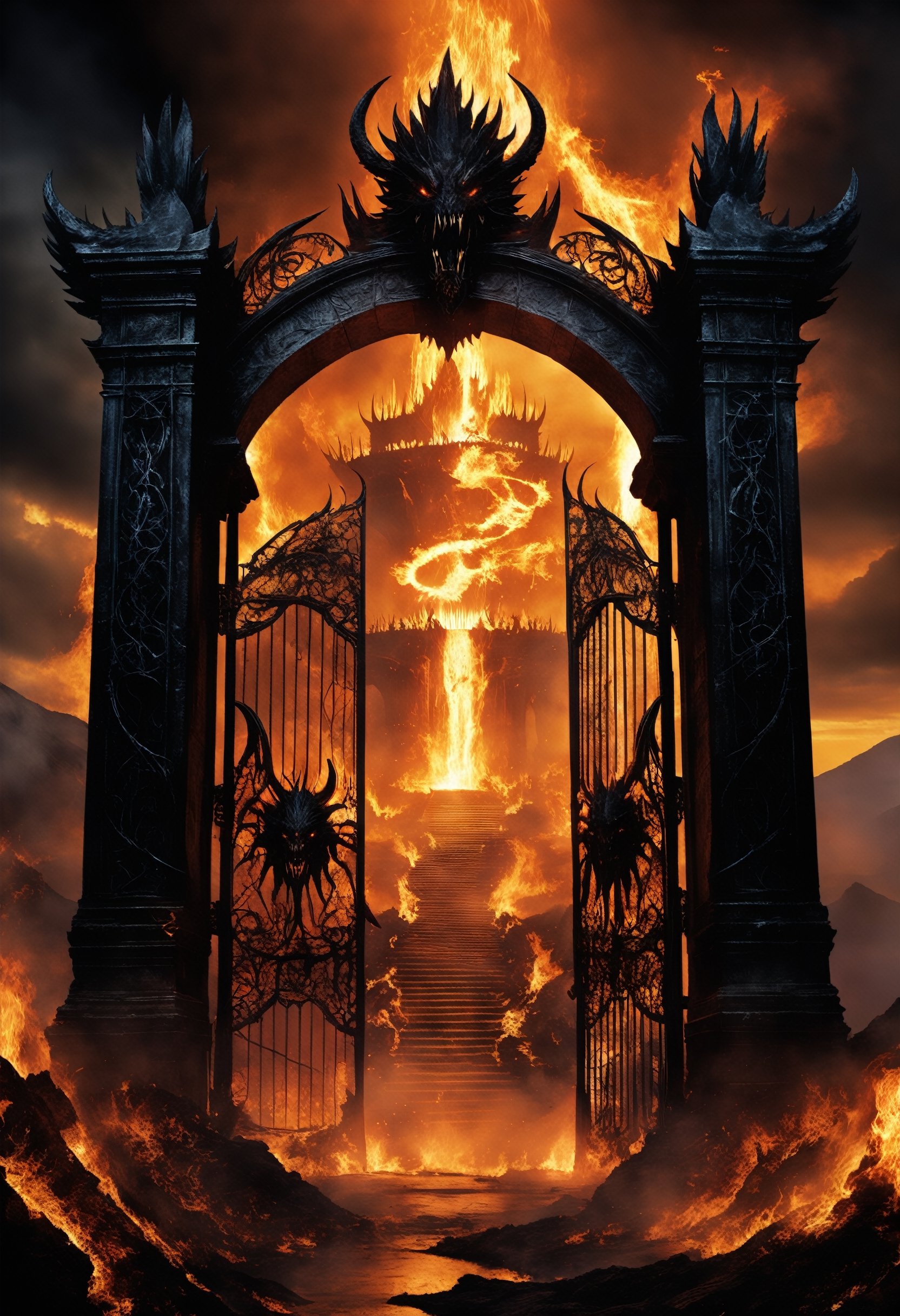 The Gates of Hell,  guarded by the oldest and most fearsome shadows,  stand majestic in the heart of a realm of fire and b...