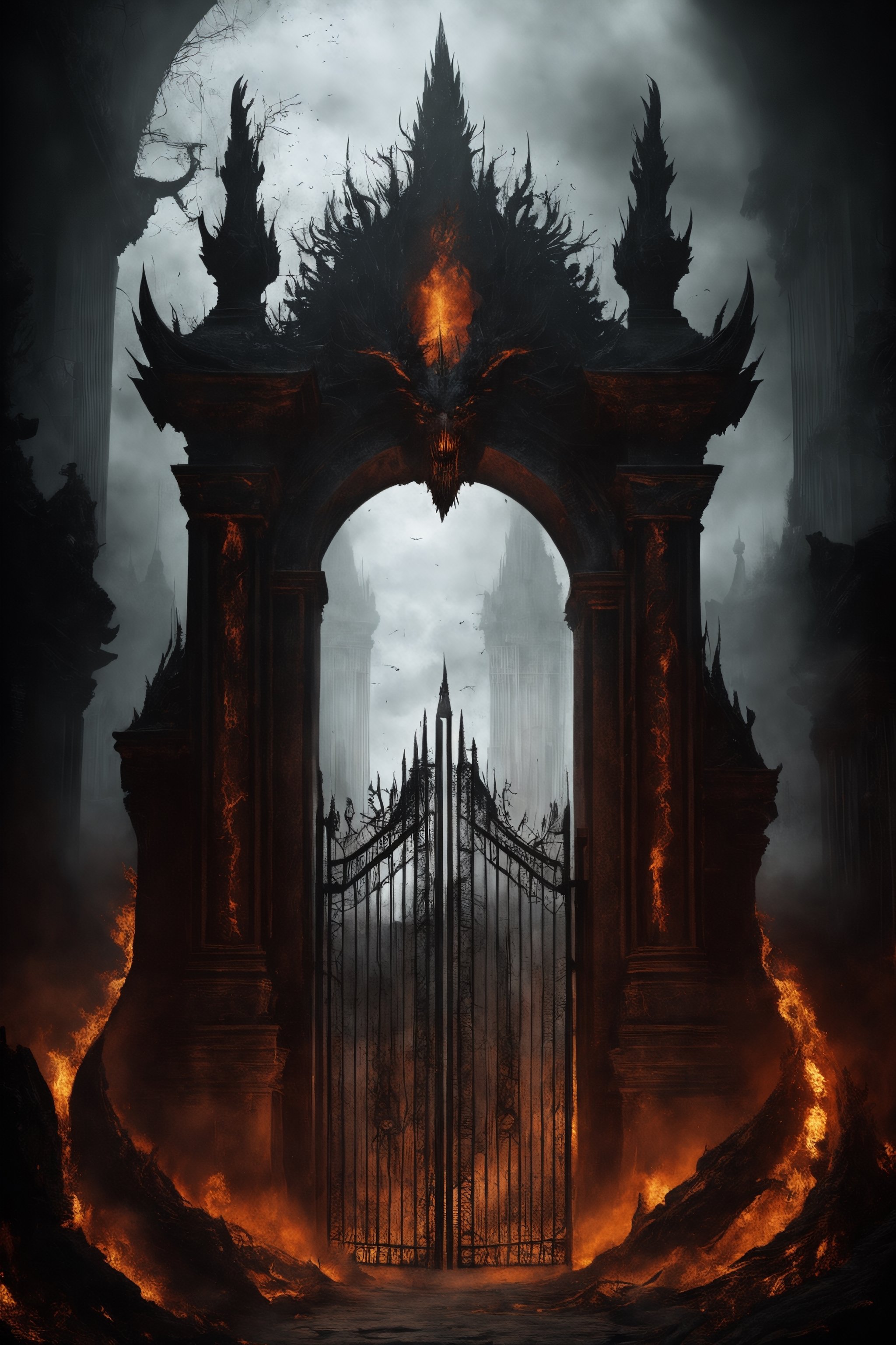 The Gates of Hell,  guarded by the oldest and most fearsome shadows,  stand majestic in the heart of a realm of fire and b...
