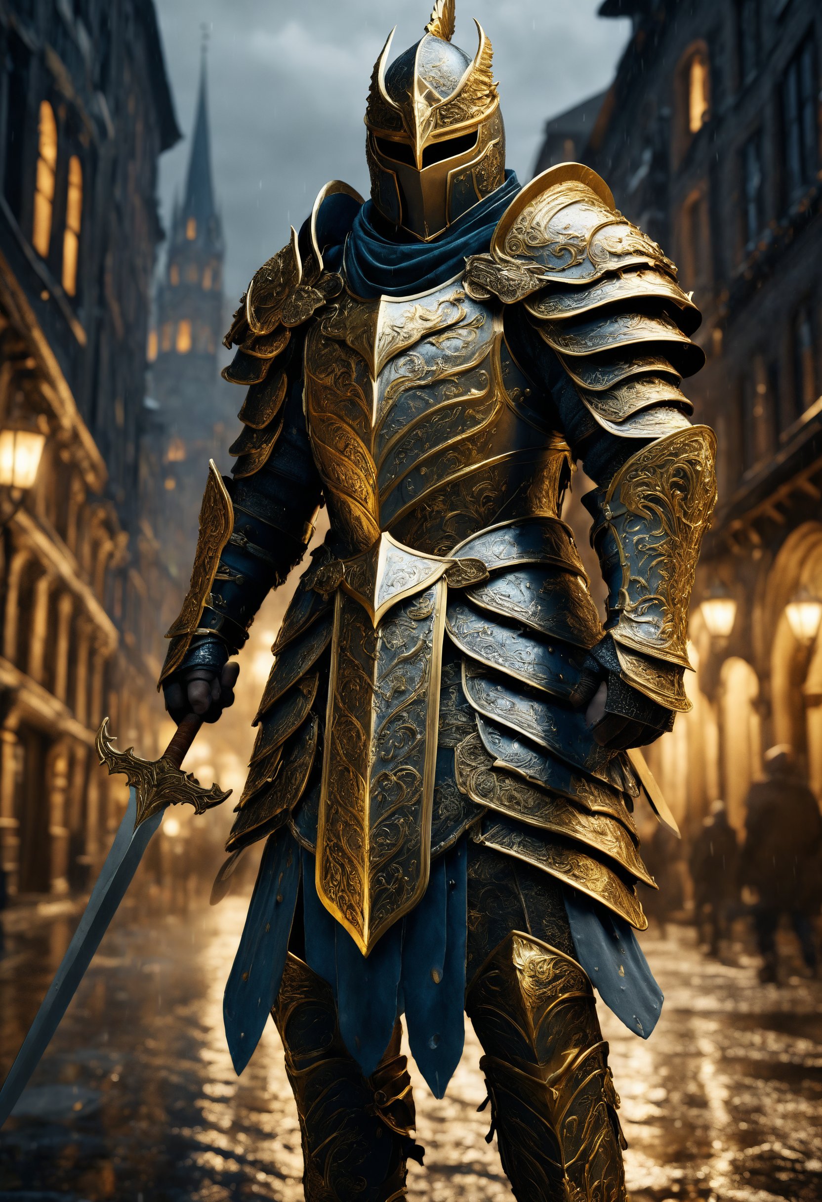 Create a realistic and detailed image of a warrior in magnificent, intricately detailed armor. The warrior has a determined look and stands in a medieval, rainy cityscape. His armor is elaborately adorned with golden elements, and he holds a sword with a glowing blade. The image is in dark, dramatic colors, with lighting that highlights the textures and details of the armor. Ultra-realistic, 8K, inspired by Todd McFarlane and Jay Anacleto.
,realistic