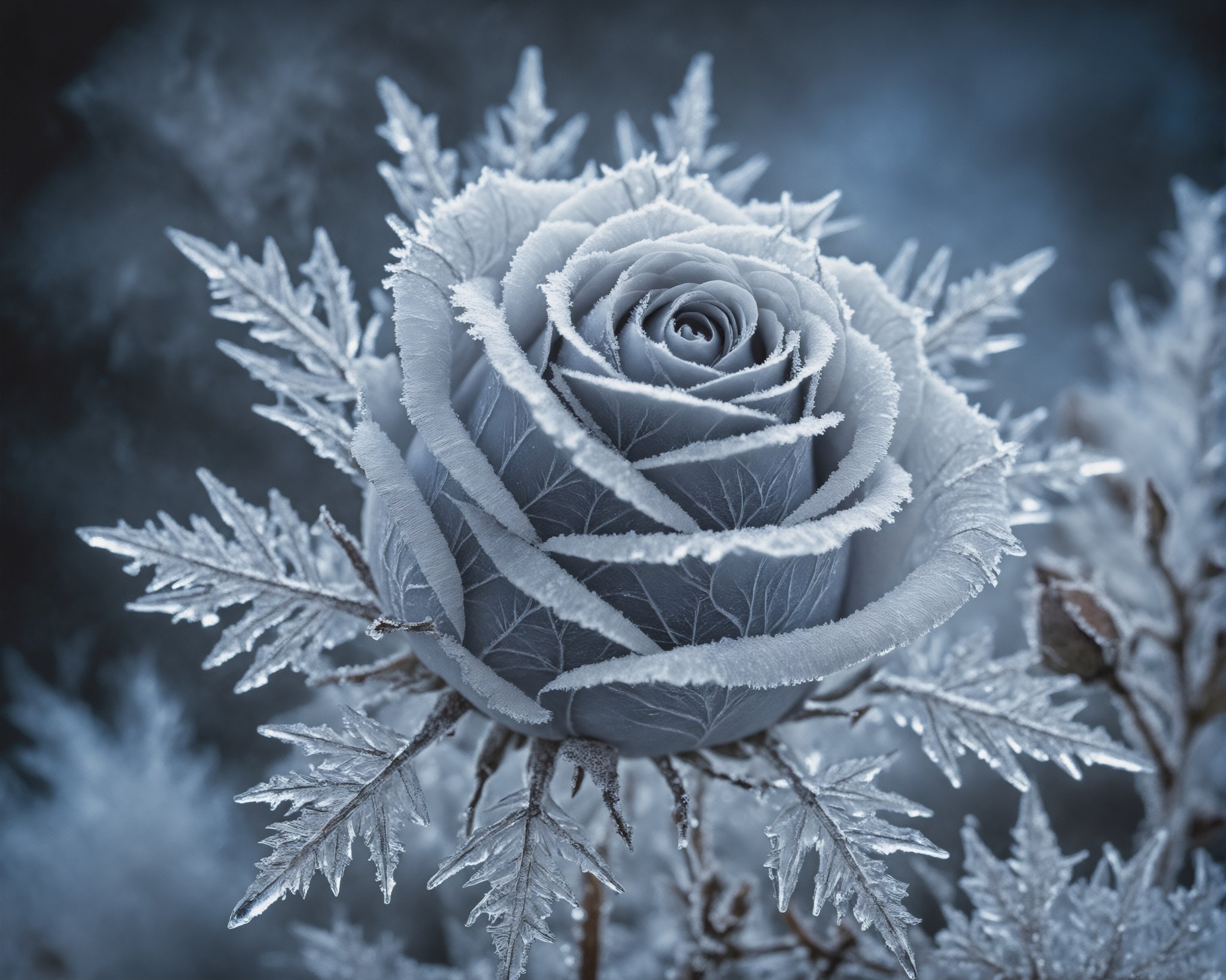 Macro Photography, (frozen:  1.5), (frost covered: 1.3) fusion delicate very pale gray rose and snowflake with (surreal fractal patterns: 1.2), (blue icy striations: 1.0). The rose is encased entirely in ice and is dusted in a fine, highly detailed frost. The rose fills the frame of the image and emits a (frosty mist: 2.0). (somber: 1.8), (dimly lit: 1.5), (surreal: 1.5), moon light, Simple background, Dark background, angled slightly downward perspective, frost, ice, (moody: 1.3) cold tones, cool lighting, Extreme Detail, Professional Photography, enchanting, (surreal:2.0) 
,more detail XL