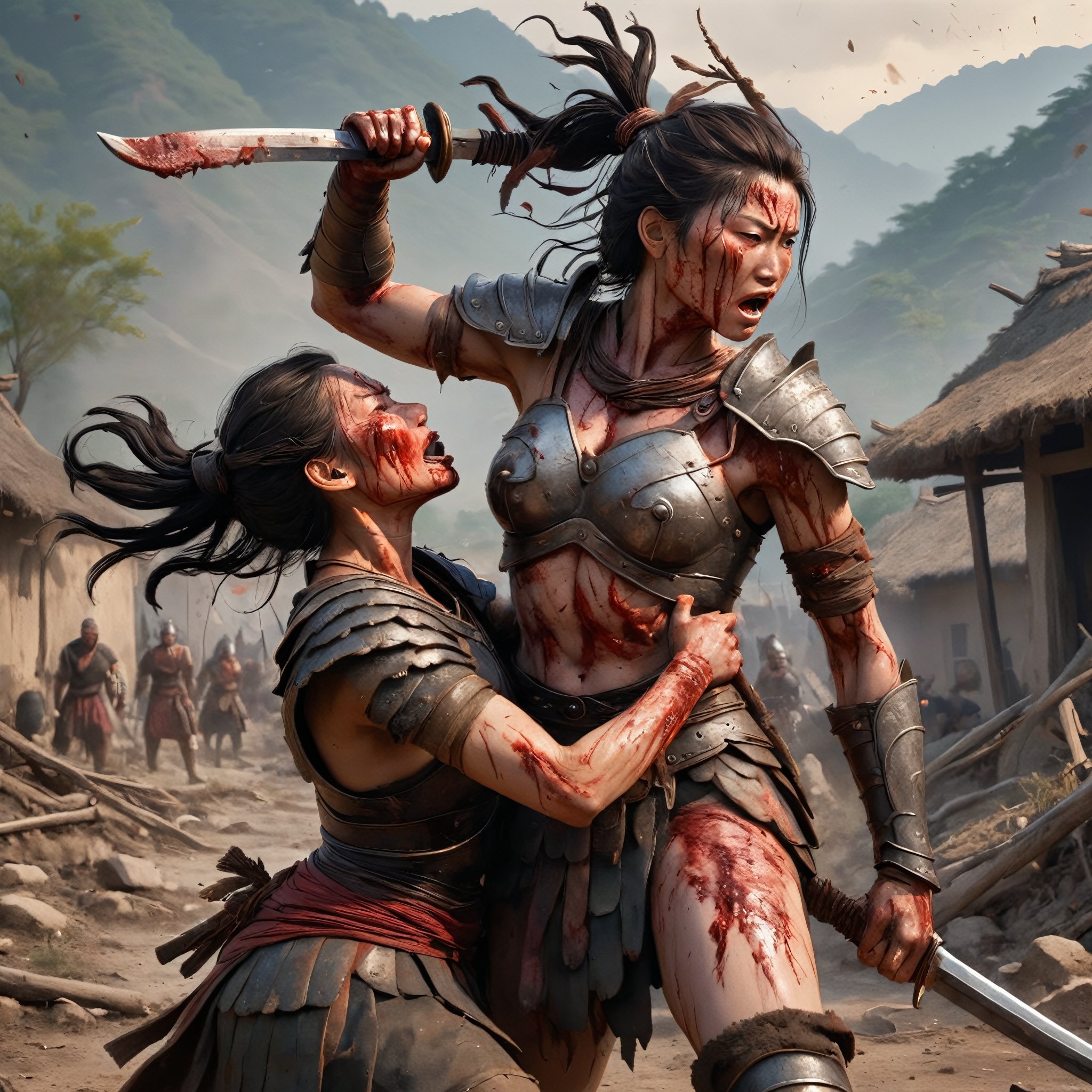 In the aftermath of a brutal clash, amidst a landscape scarred by battle, a formidable woman warrior seizes the severed head of her foe—a male warrior hailing from a rival village—clutching it firmly by the hair.,male