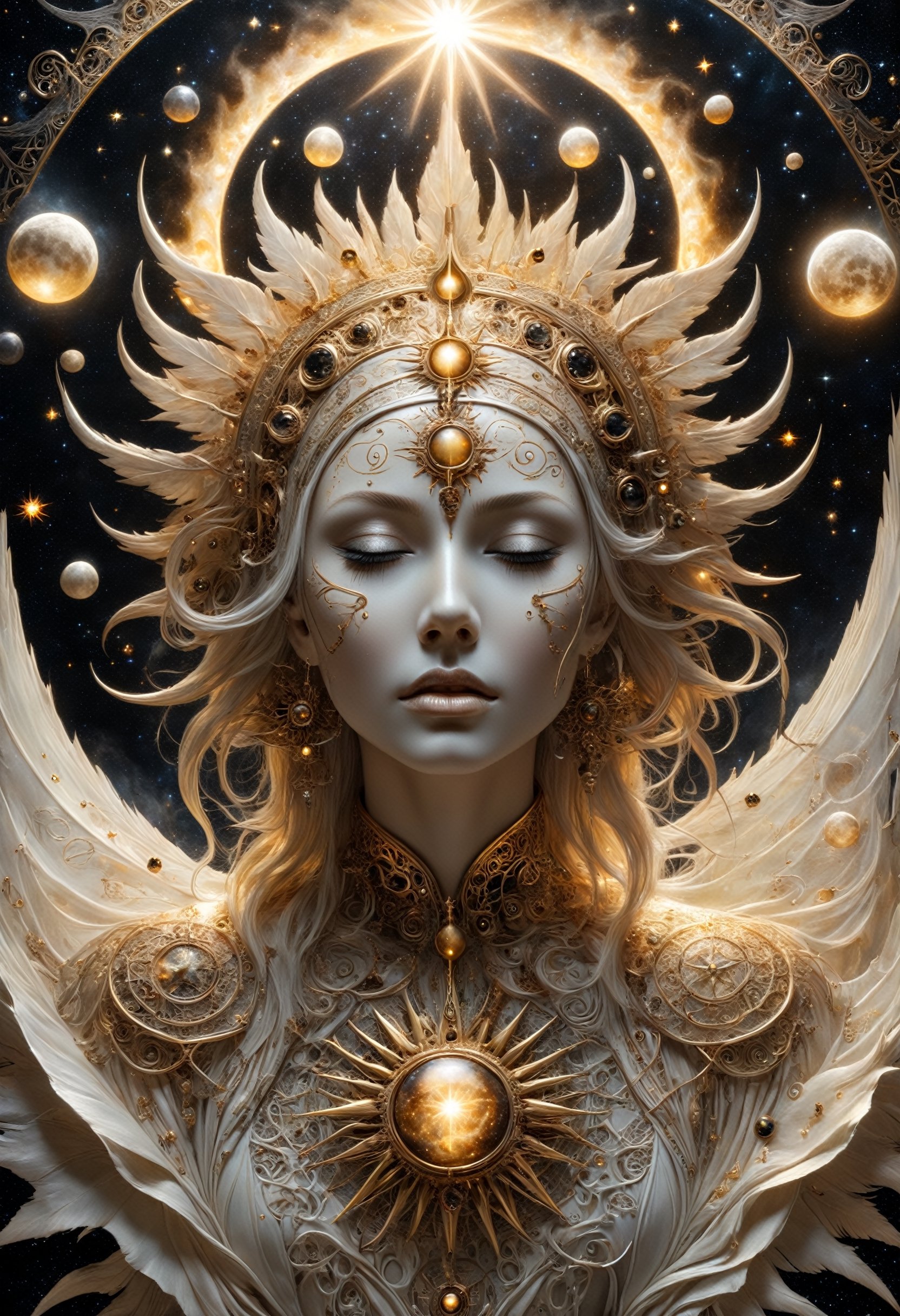 NSFW, art by Eleanor Vere Boyle and Andreas Untersberger, hantu ulat sutera
adaptive and halcyon atmosphere with dispersion, refined details, sun, moon, star,
(gold and ivory dark black colors:0.1),  (center composition, symmetry:0.1), style by nty
