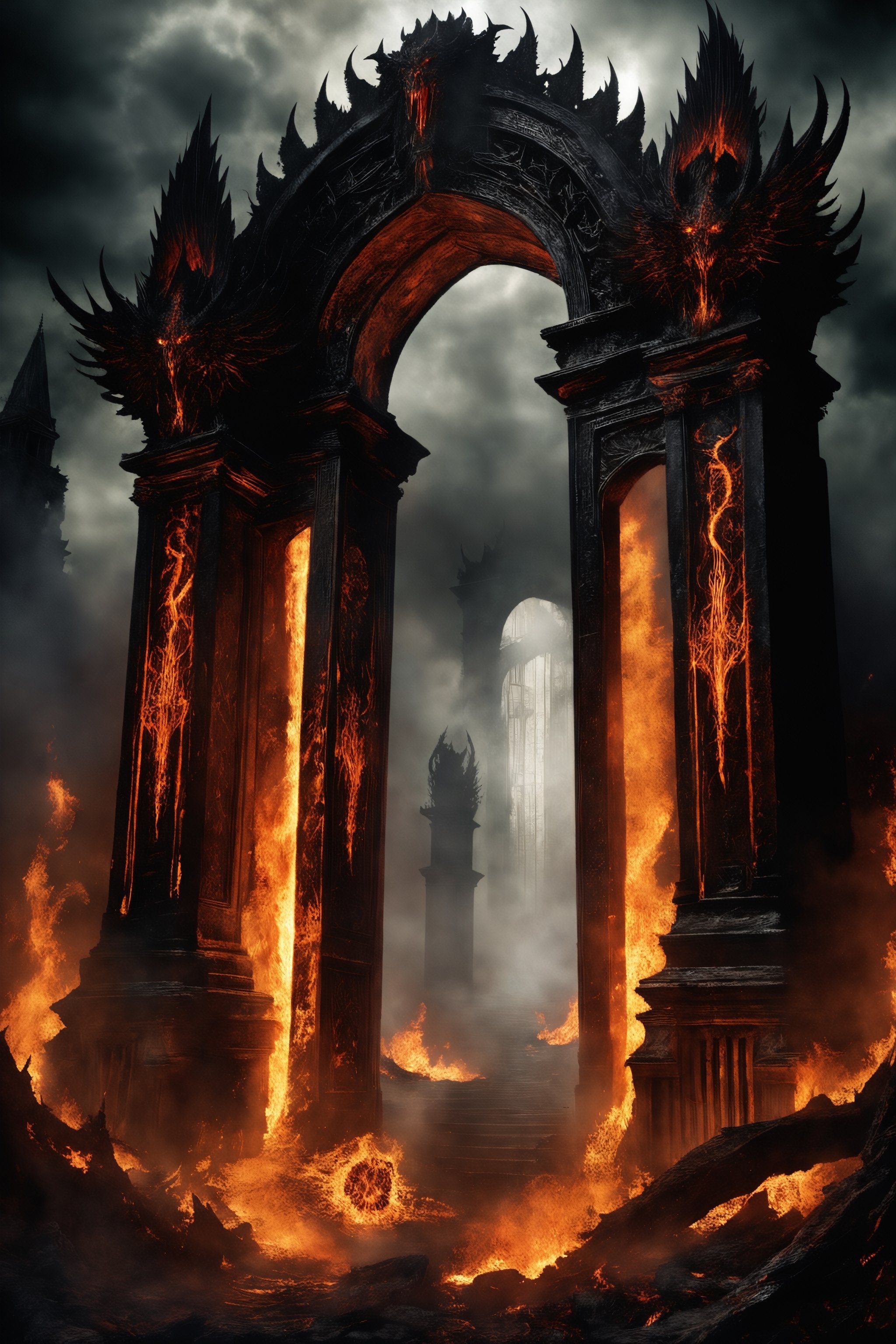 The Gates of Hell,  guarded by the oldest and most fearsome shadows,  stand majestic in the heart of a realm of fire and b...