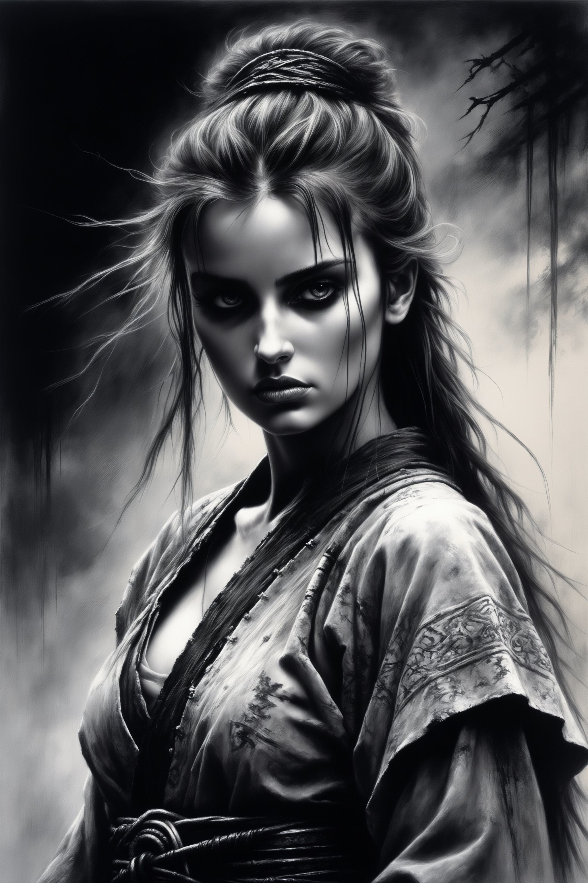 Samurai girl,  black and white realism style,  atmospheric impressionism by La Leche on Tensor.Art