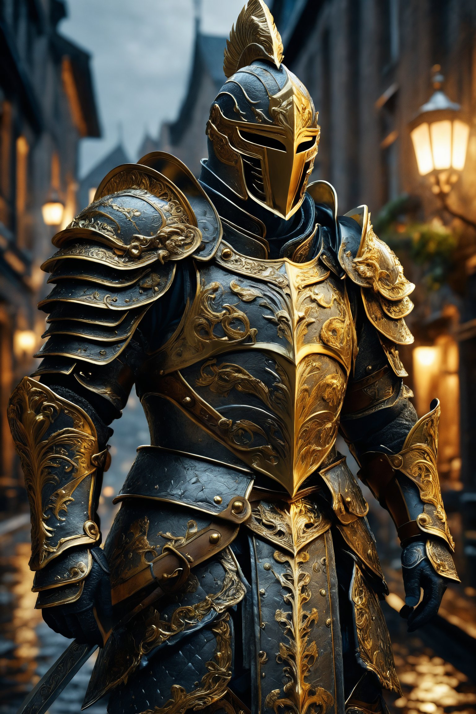 Create a realistic and detailed image of a warrior in magnificent, intricately detailed armor. The warrior has a determined look and stands in a medieval, rainy cityscape. His armor is elaborately adorned with golden elements, and he holds a sword with a glowing blade. The image is in dark, dramatic colors, with lighting that highlights the textures and details of the armor. Ultra-realistic, 8K, inspired by Todd McFarlane and Jay Anacleto.
,realistic