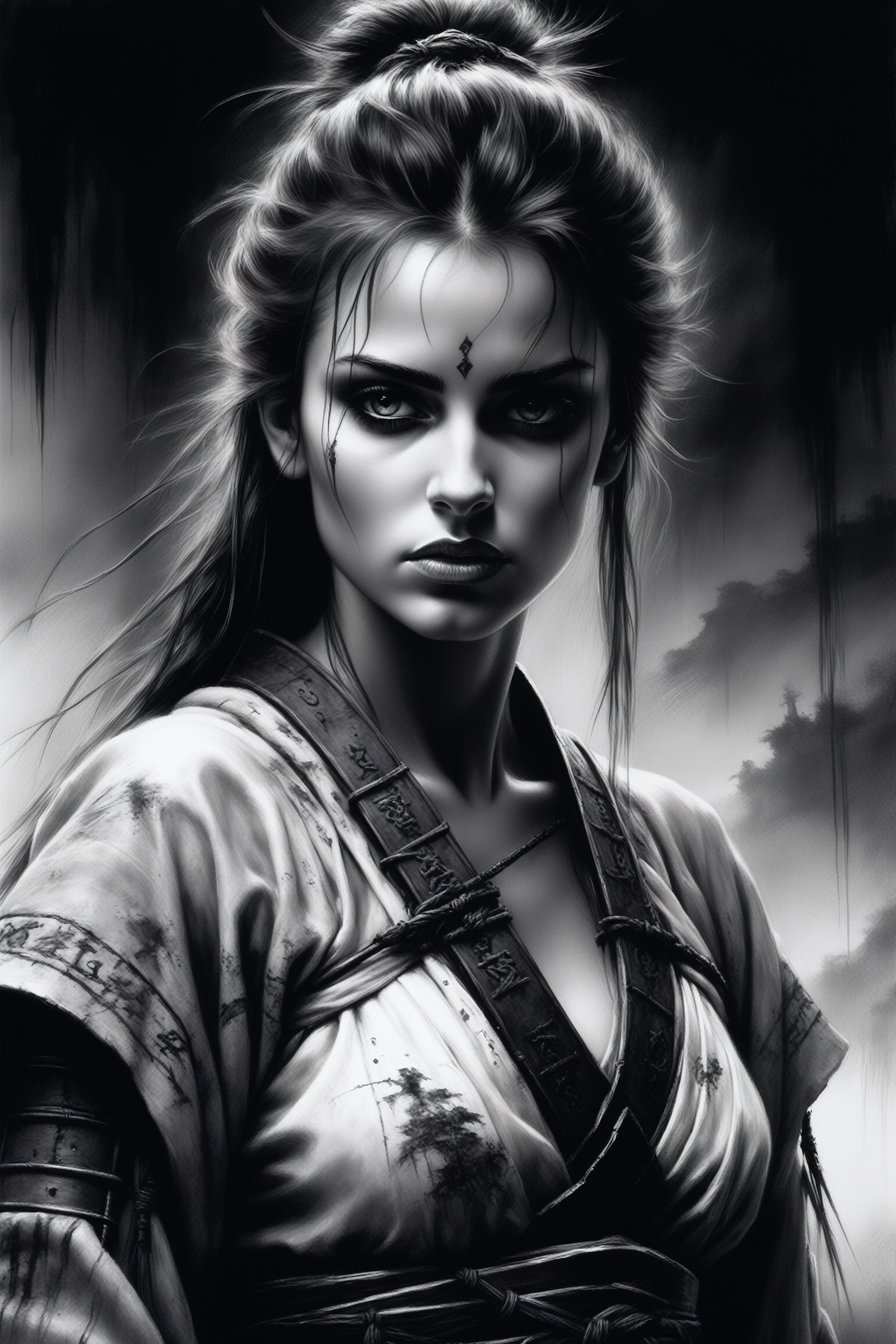 Samurai girl,  black and white realism style,  atmospheric impressionism by La Leche on Tensor.Art