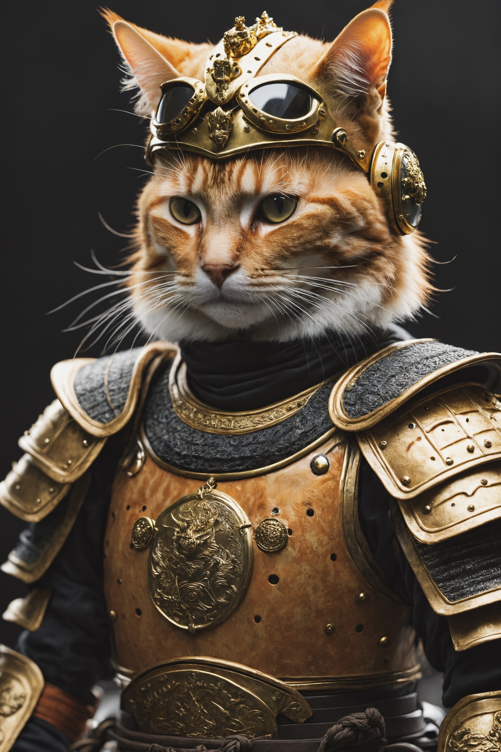 high quality anthropomorphic samurai cat, common European breed orange, realistic, extra detailed, detailed, with golden armour and matching helmet
((((night time, seen from afar)))))