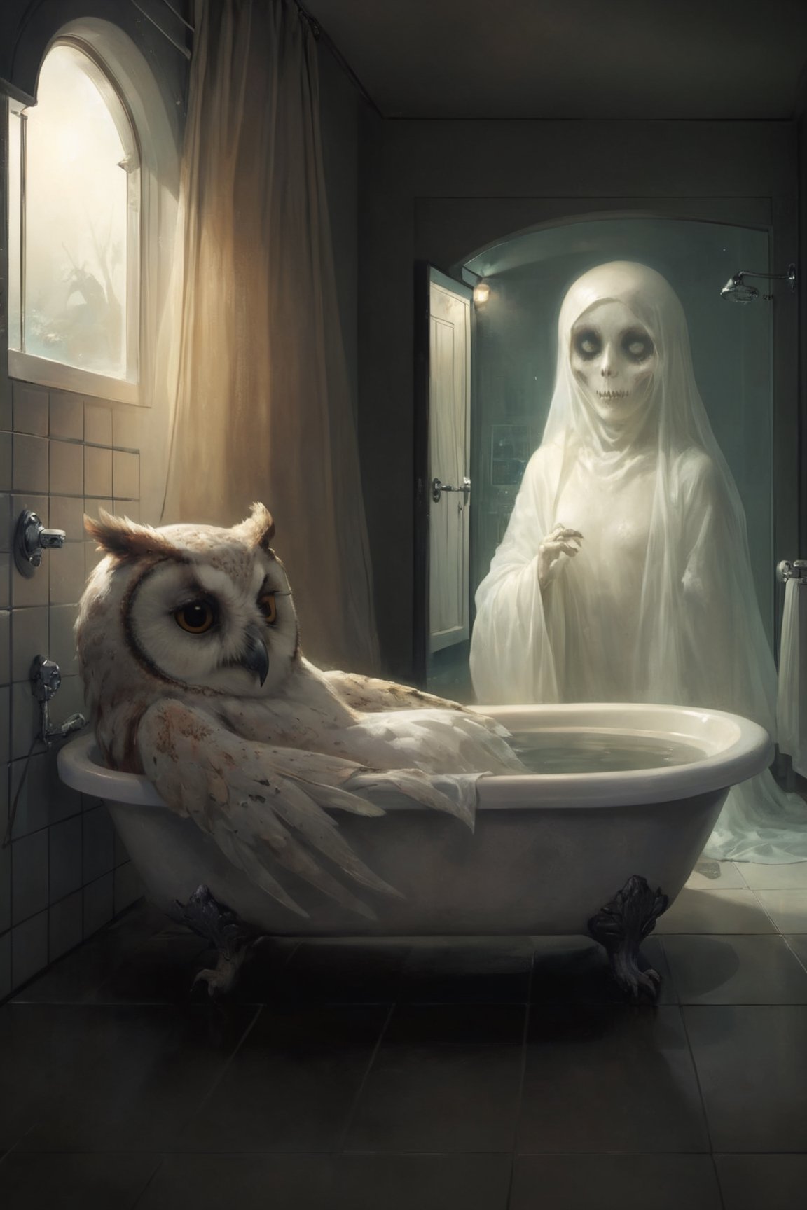 [: An anthropomorphic owl lies in its bathtub in a relaxed manner, inside the bathroom, calmly while a slender, pale and tall figure of a ((scary ghost is peering from the corner)) of the bathroom.  The ghost is translucent and scary : 3], (detailed bathroom scenario background:1.34), cold light, bounce light set, artwork_(digital)