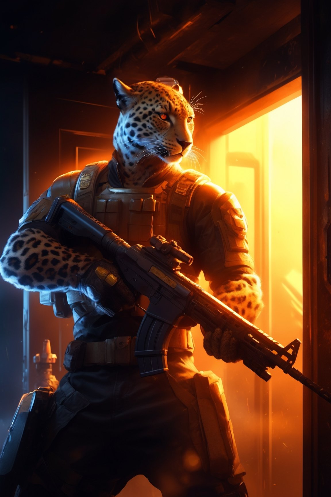 (masterpiece bestquality highres:1.4), half body shot, cinematic, (dynamic scene, dynamic camera angle:1.4), [[:(best leopard hand features, perfectly defined fingers, fingers aligned, holding semiautomatic gun) : 0.23] :: 0.75], [: An ((anthropomorphic leopard)), wearing tactical outfit, with parts in gold, using a sci-fi weapon, badass entering, suspense scene : 3], 2.5D digital art, graphic_art, (League_of _Legends artwork style), semi-realistic, perfect composition, digital oil painting style, ((The background is a dark door with a bright orange light behind)), Best Cinematic Lighting, super cold light, (detailed background), artwork_\(digital\)