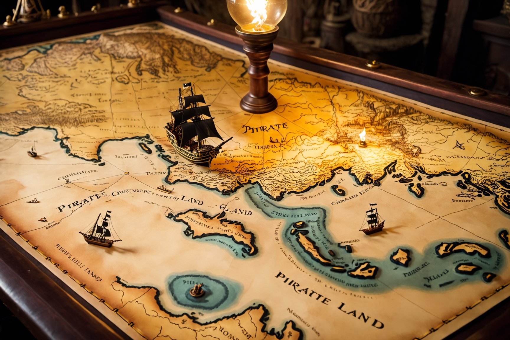 Thrill-themed cinematic film still  of  a map to gold land as piratetarget on table of pirate ship, torch light, from side dynamic view, cinemascope, highly detailed, more detail XL.