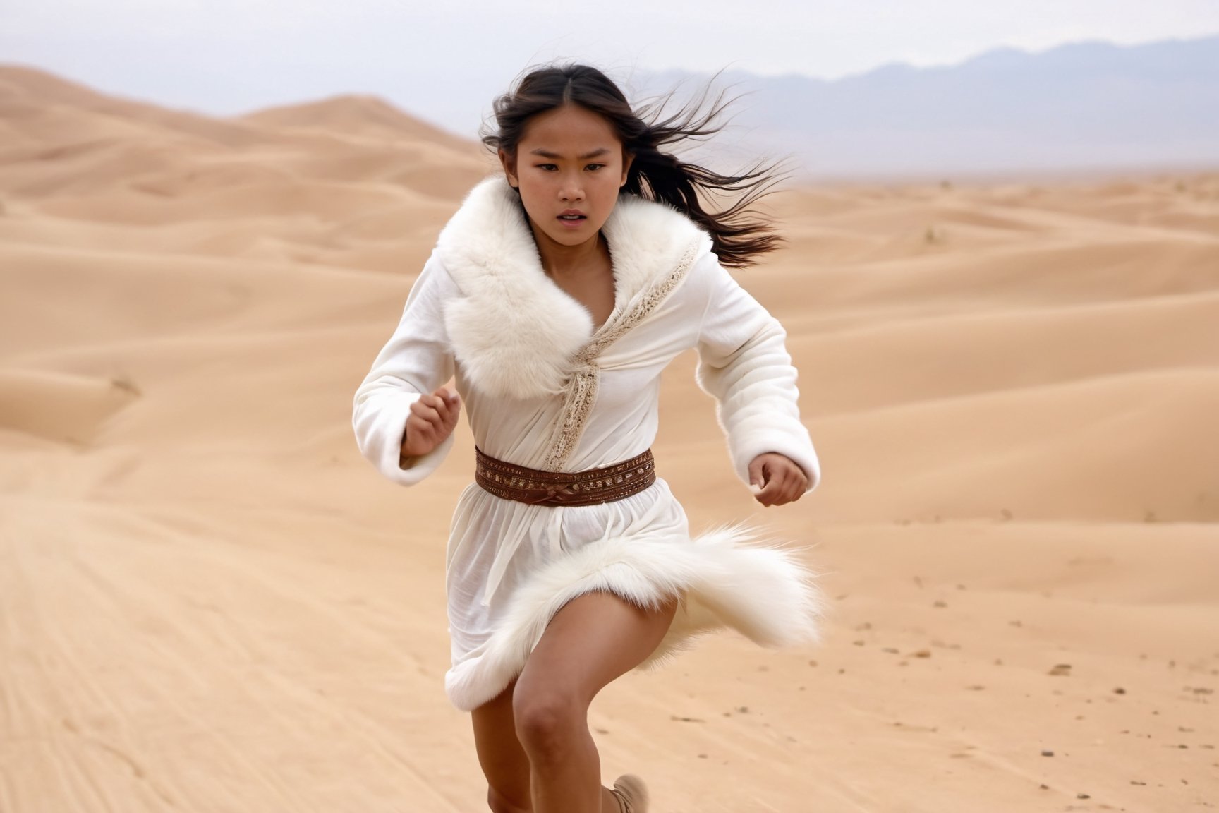 Thrill-themed cinematic film still  of  ( cute  burmese female teen in white fur cloth running fast ) at desert among barbarian male, close up, from cowboy view, cinemascope, highly detailed ,more detail XL.