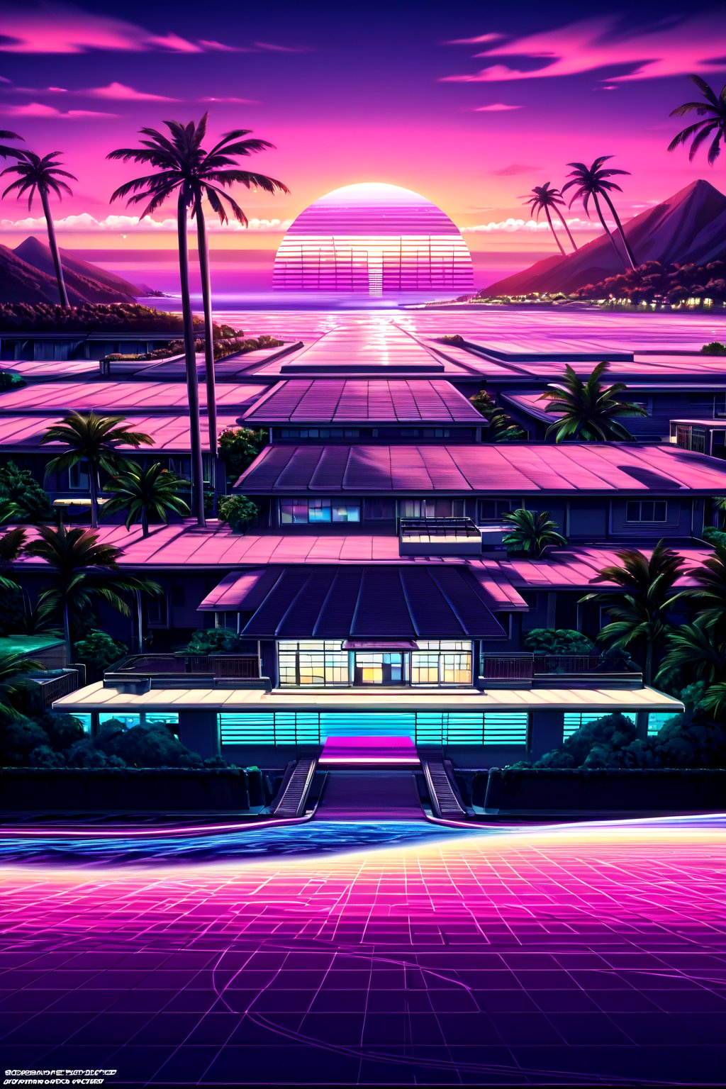 (16k wallpaper:1.1),(Highest quality:1.4),(High resolution:1.4), (masterpiece:1.4), synapse, simple art, synthwave, size balance. sunset, very aesthetic, absurdres, house,