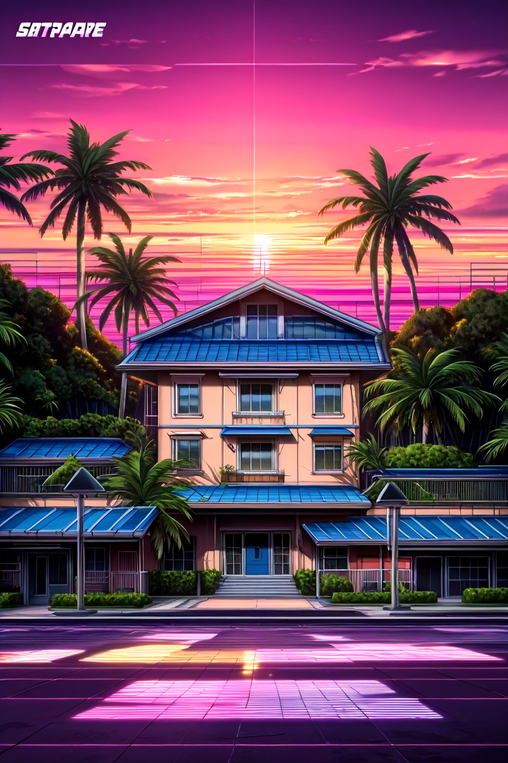 (16k wallpaper:1.1),(Highest quality:1.4),(High resolution:1.4), (masterpiece:1.4), synapse, simple art, synthwave, size balance. sunset, very aesthetic, absurdres, house,