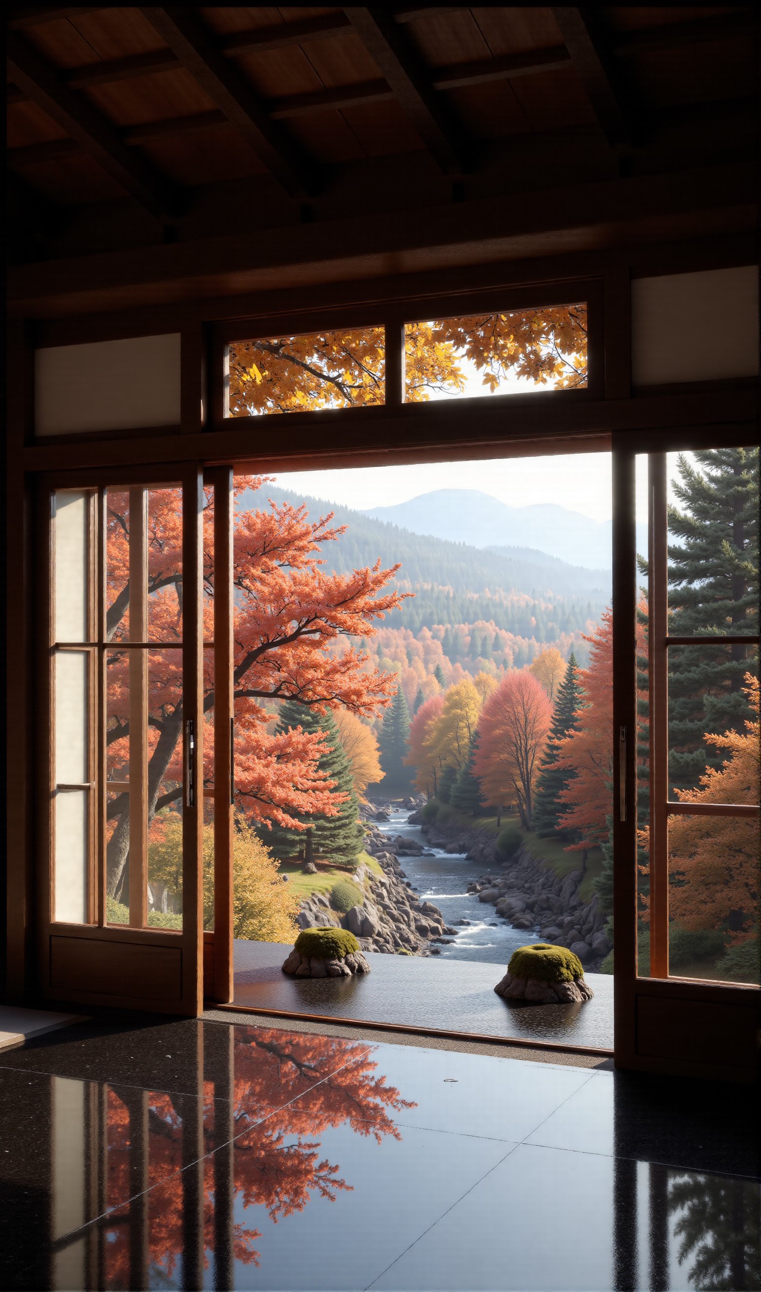 The ultra-high definition RAW photo depicts a serene landscape seen through a sliding glass door from inside a traditional Japanese room. The room features a dark brown wooden frame and multiple clear panes of glass, with a symmetrical composition that draws the viewer's eye to the vibrant autumn landscape outside. The interior floor is highly reflective, with a glossy black tile floor reflecting the vibrant colors of the outdoor foliage in shades of red, orange, yellow, and green. The middle ground consists of a sliding glass door that is partially open, allowing a clear view outside. The outdoor landscape is filled with vibrant autumn trees with dense red and golden leaves against a backdrop of lush foliage. A flowing stream or creek runs through the landscape, with the clear water reflecting the colorful leaves, creating a serene atmosphere. Gentle ripples can be seen on the water's surface, adding depth to the landscape. Two prominent moss-covered stones can be seen partially submerged in water near the bottom right corner of the outdoor landscape. The interior ceiling is made of horizontally aligned dark wood panels, complementing the overall warm and cozy atmosphere. Above the sliding doors is a small rectangular window adorned with colorful fall leaves in red, yellow and orange, adding a splash of color to the picturesque view. The lighting is soft and natural, illuminating the scene evenly and highlighting the beauty of the fall foliage. The color palette includes crimson, burnt orange, forest green, sky blue and warm yellow, creating a balanced and harmonious composition that inspires a feeling of tranquility and connection to nature. The overall atmosphere is peaceful and meditative, further enhanced by the balanced lighting and the harmonious blend of indoor and outdoor elements.