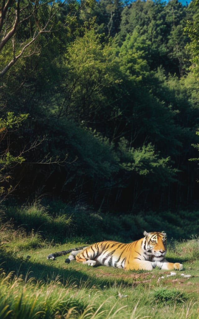 Tiger taking a nap while lying on a hillside in the forest, woods, black and gold