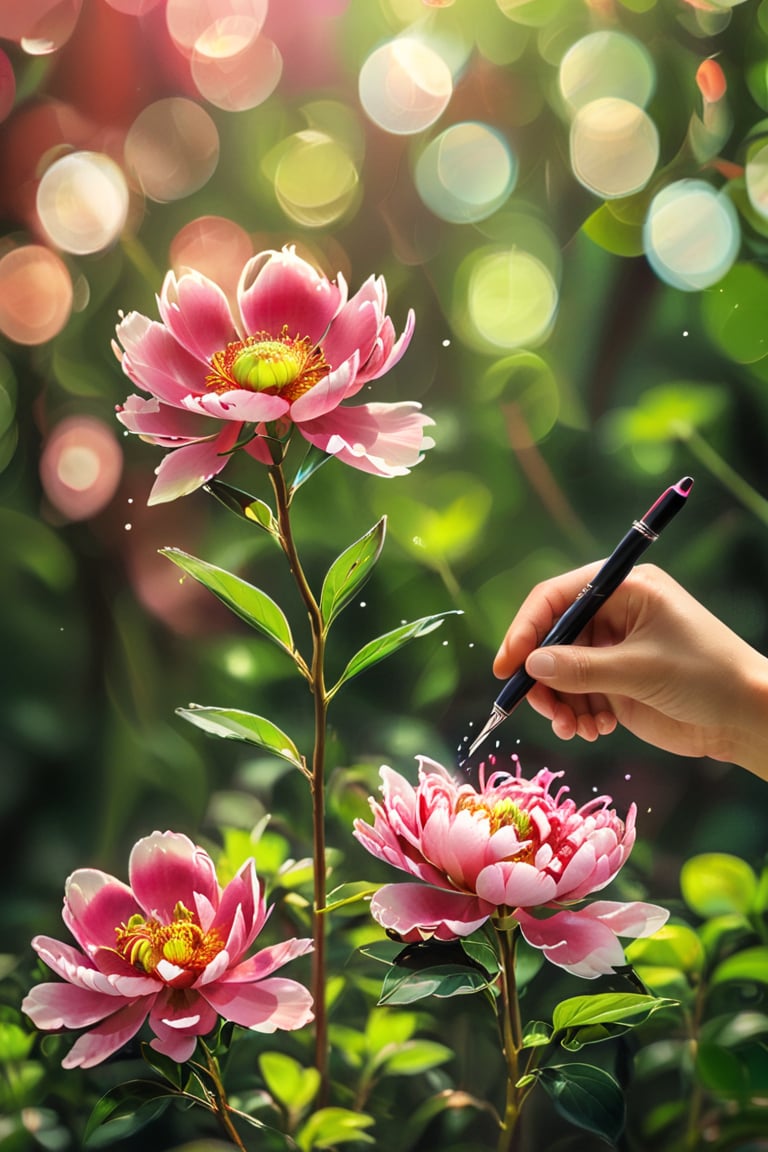  Colorful Chinese Painting, close-up shot of a hand holding a pen drawing Chinese paintings, a painting of beautiful pink and red peony, highly detailed, ultra-high resolutions, 32K UHD, best quality, masterpiece,