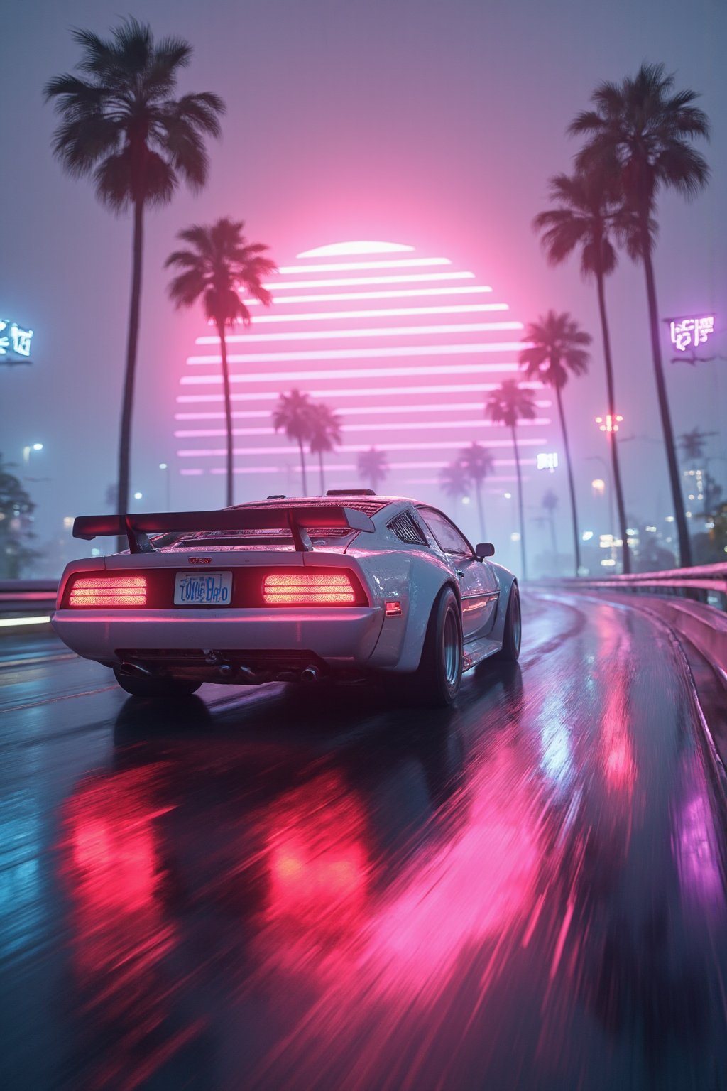 cinematic film still 80s synthwave, retro-futuristic, a classic 1980s sports car speeding around a neon-lit curve on a highway, with glowing palm trees lining the road. The scene is captured from a low-angle shot, emphasizing the sleek design and vibrant colors of the car, reflecting off the wet asphalt. The background features a neon sunset with horizontal lines, characteristic of the synthwave aesthetic, in vivid hues of pink, purple, and blue. The image is highly detailed with dramatic lighting, creating a sense of speed and motion. The artwork has a vaporwave vibe, combining retro and futuristic elements with bold, electric colors and a minimalist, sticker-like style on a white background. The atmosphere is surreal and cinematic, with sharp contrasts and intense glow effects, reminiscent of 80s digital art. This 3D render, illustration, is crafted with high resolution, capturing the essence of a synthwave cityscape in extreme detail and dynamic composition. 8k resolution with a focus on vibrant neon and striking details, evoking a nostalgic yet futuristic feel. , cyberpunk, anime,  . shallow depth of field, vignette, highly detailed, high budget, bokeh, cinemascope, moody, epic, gorgeous, film grain, grainy