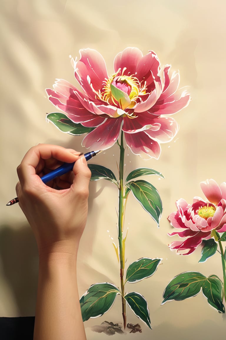  Colorful Chinese Painting, close-up shot of a hand holding a pen drawing Chinese paintings, a painting of beautiful pink and red peony, highly detailed, ultra-high resolutions, 32K UHD, best quality, masterpiece,